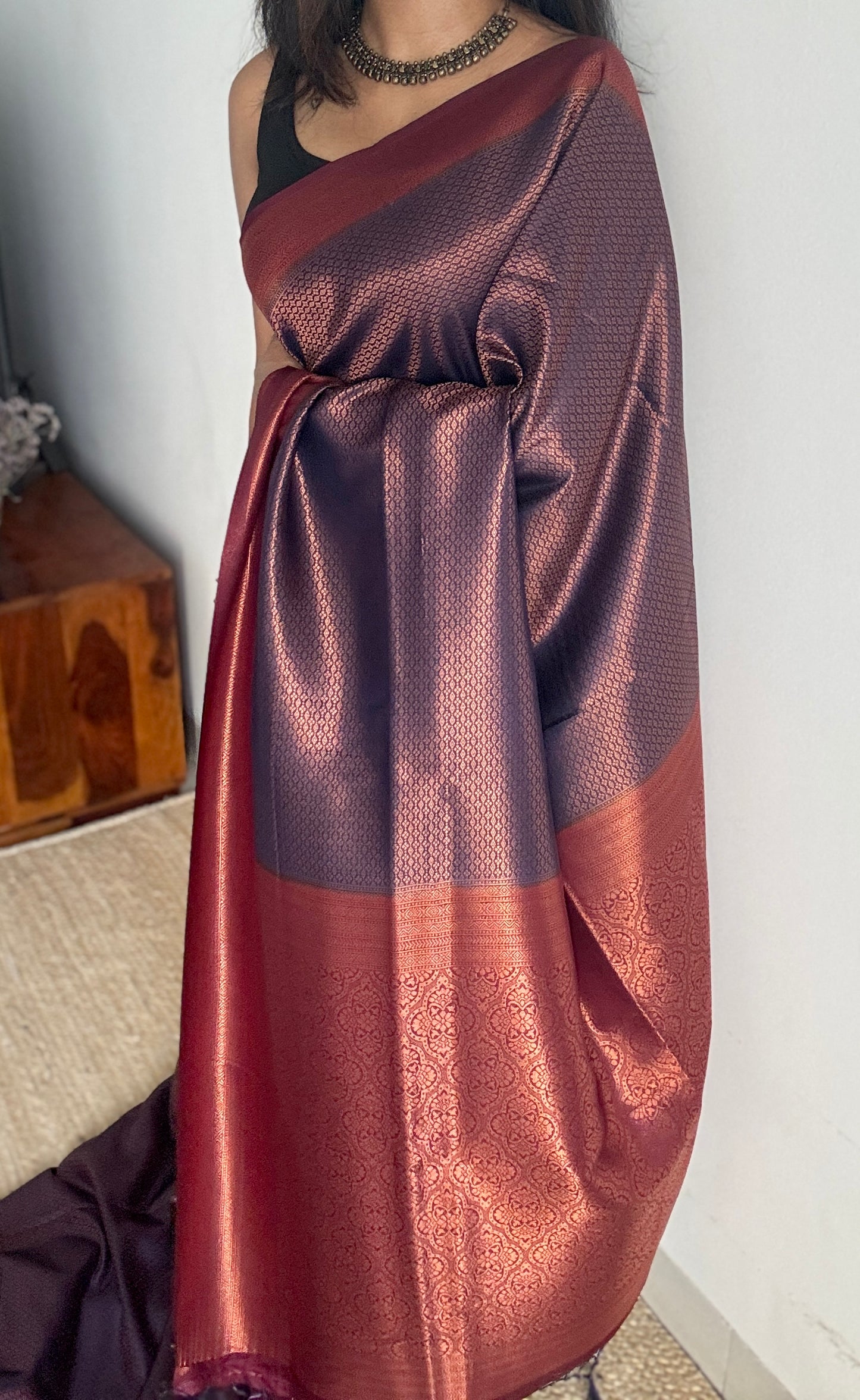 Neelambara - Deep blue with maroon, semi-silk