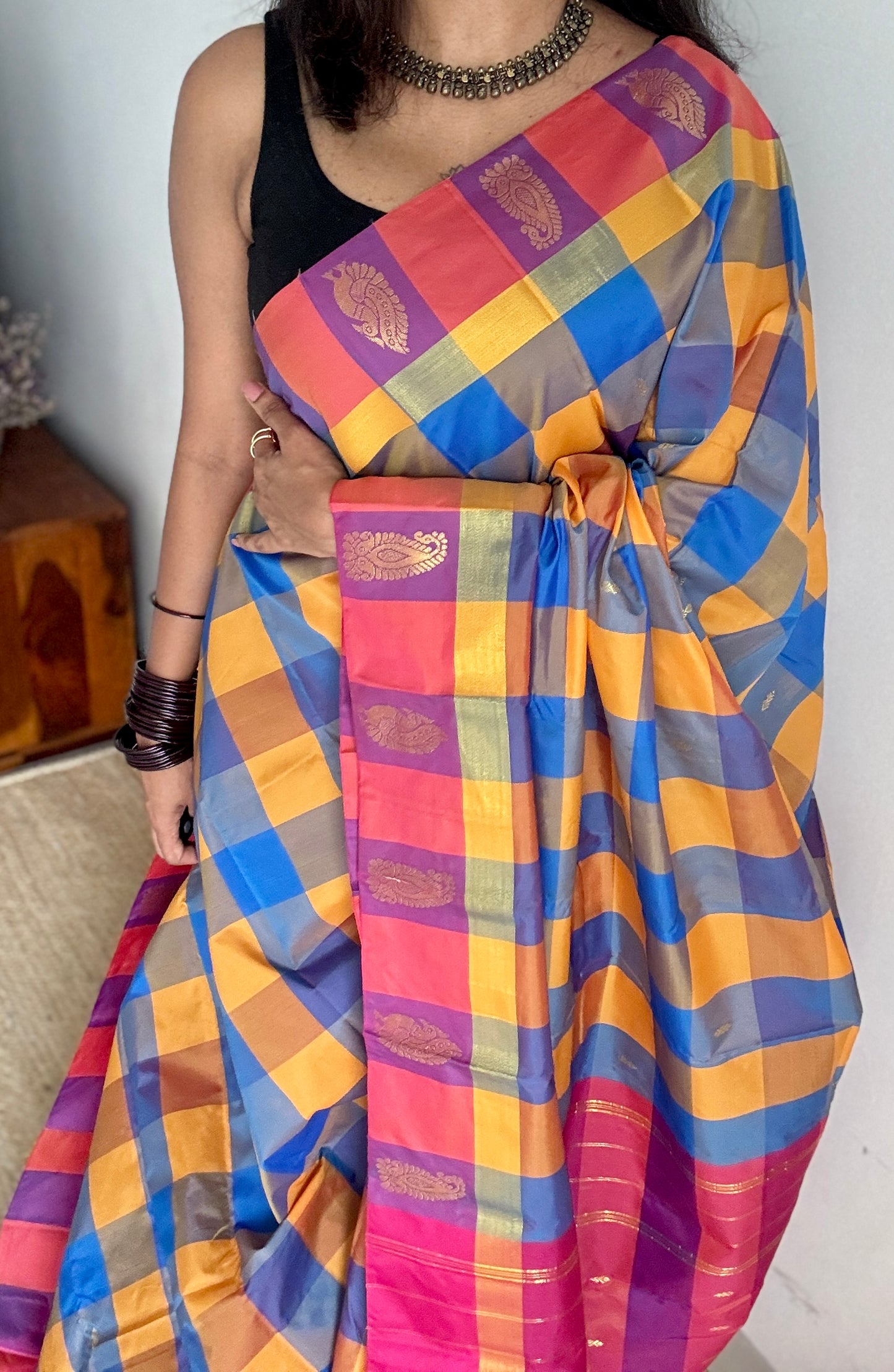 Paalum Pazhamum Canvas - Checkered Pattern, Semi-Silk