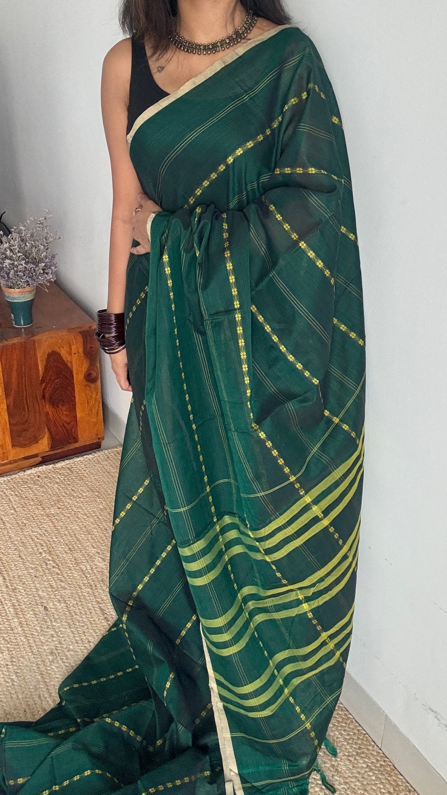 Forest Green Woven Motifs - Premium Narayanpet Soft Cotton