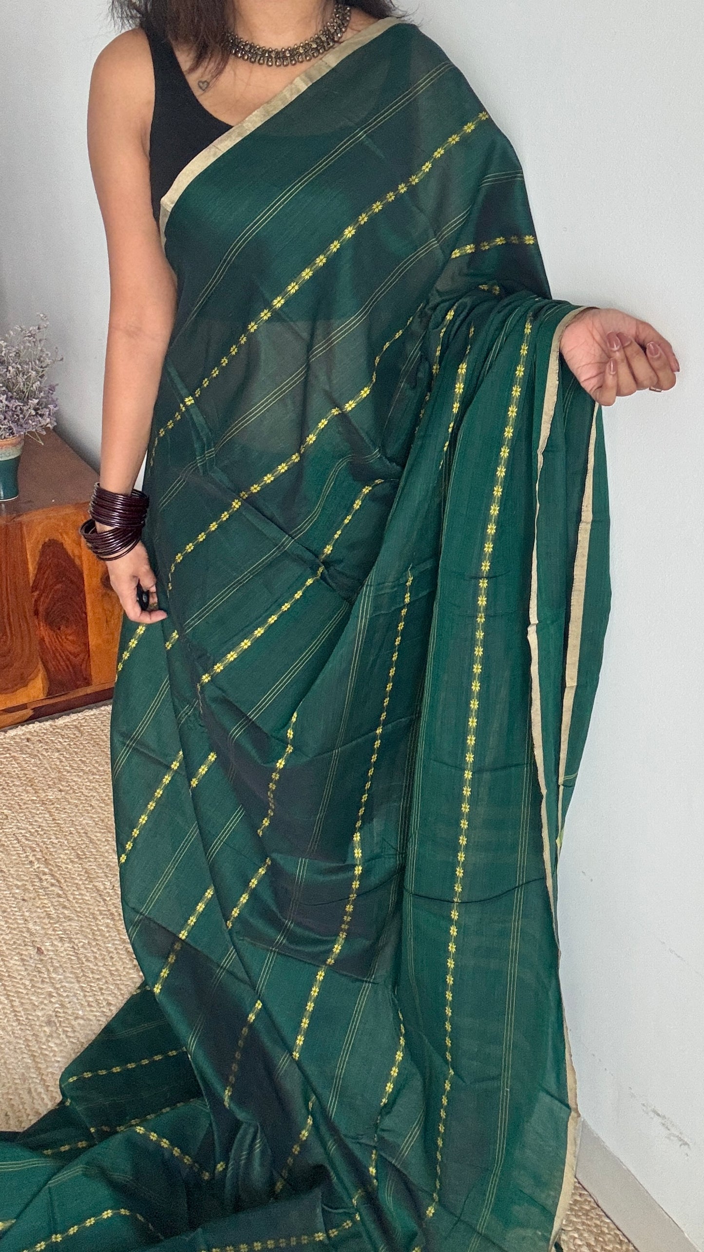 Forest Green Woven Motifs - Premium Narayanpet Soft Cotton