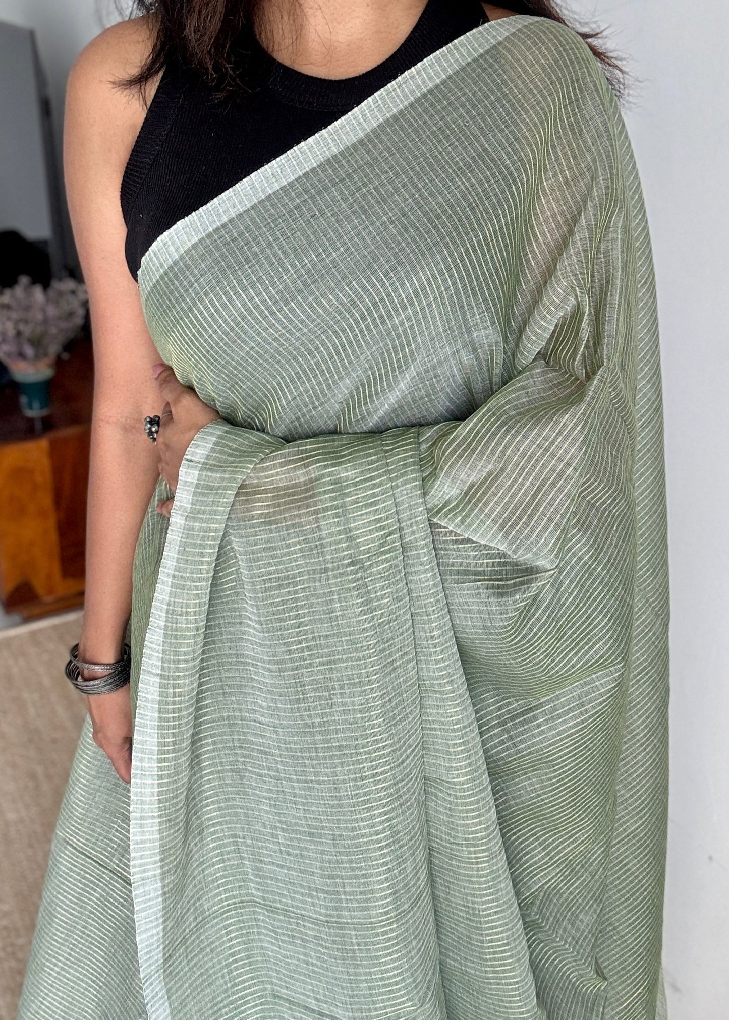 Peppermint Frost - Pastel mint green & gold stripes, mul cotton