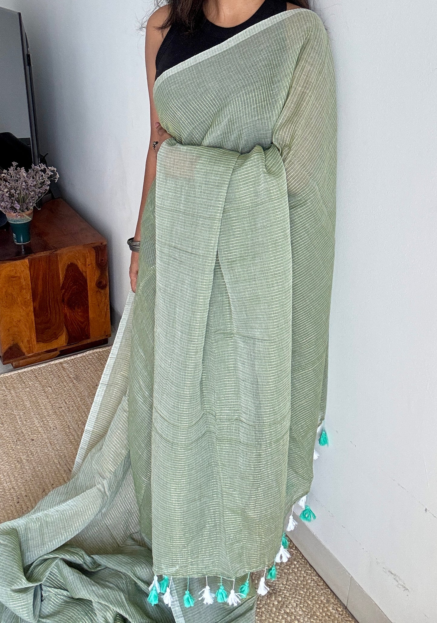 Peppermint Frost - Pastel mint green & gold stripes, mul cotton