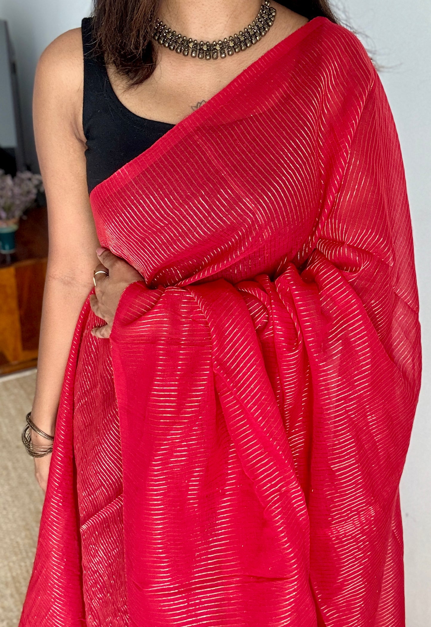 Red Chilli - Red & gold stripes, mul cotton