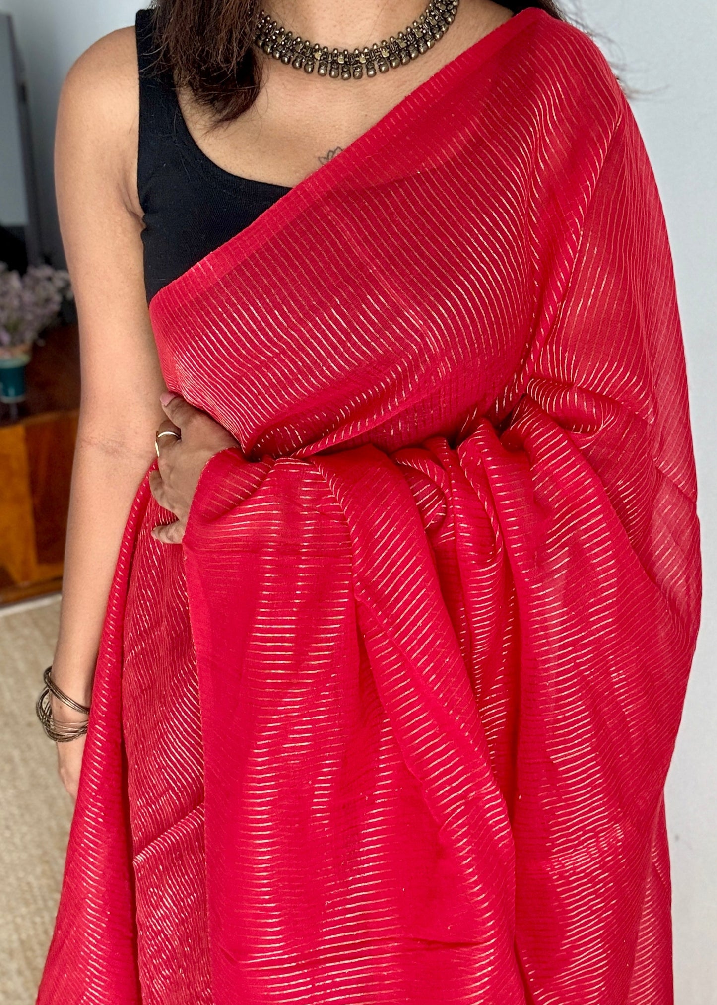 Red Chilli - Red & gold stripes, mul cotton