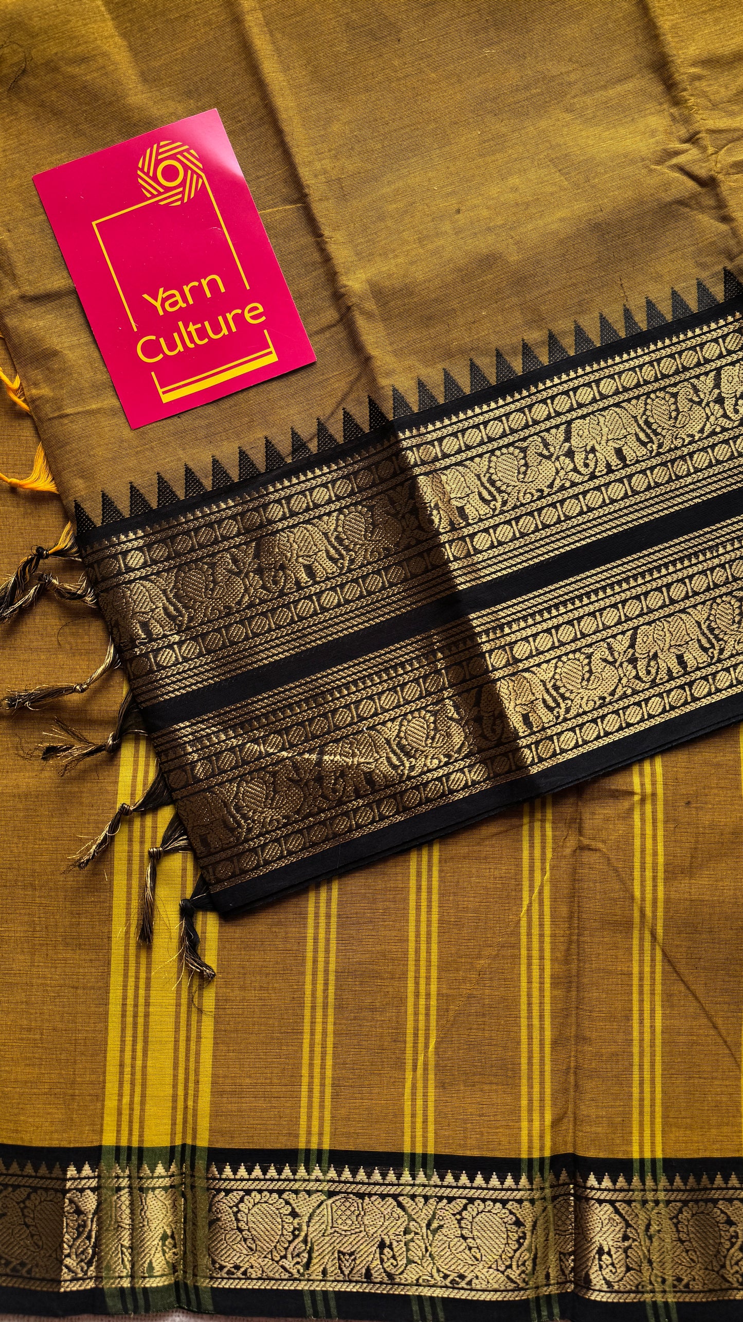 Burnt Yellow with Black Contrast Border - Chettinad Cotton