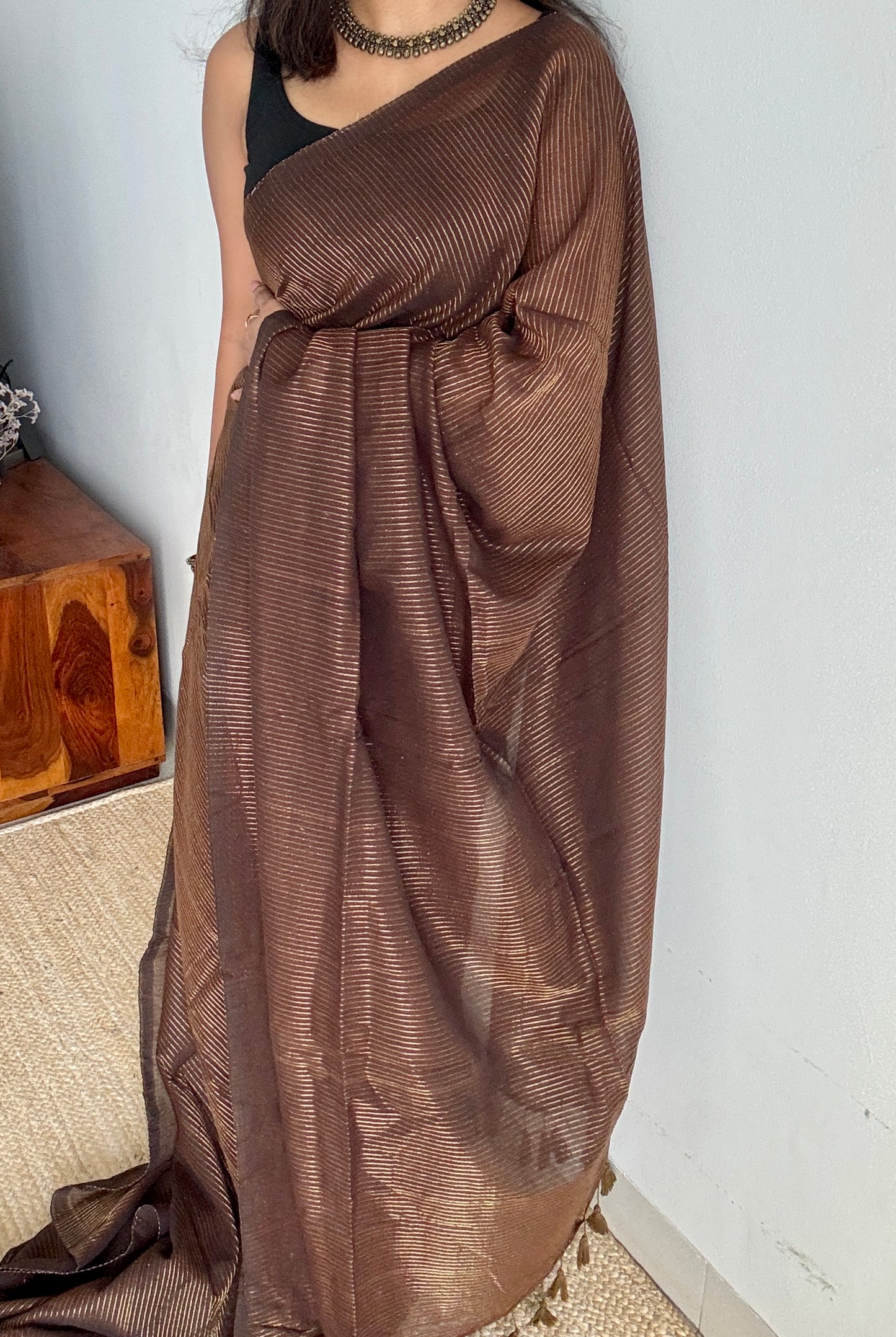 Mocha Bean - Deep brown & gold stripes, mul cotton
