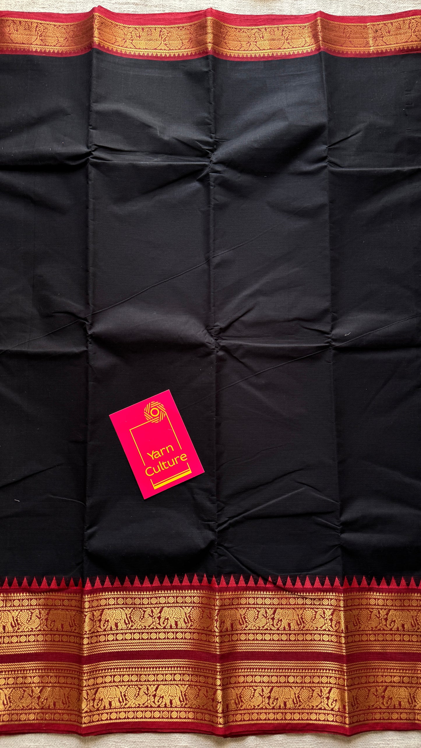 Deep Black with Maroon Contrast - Chettinad Cotton