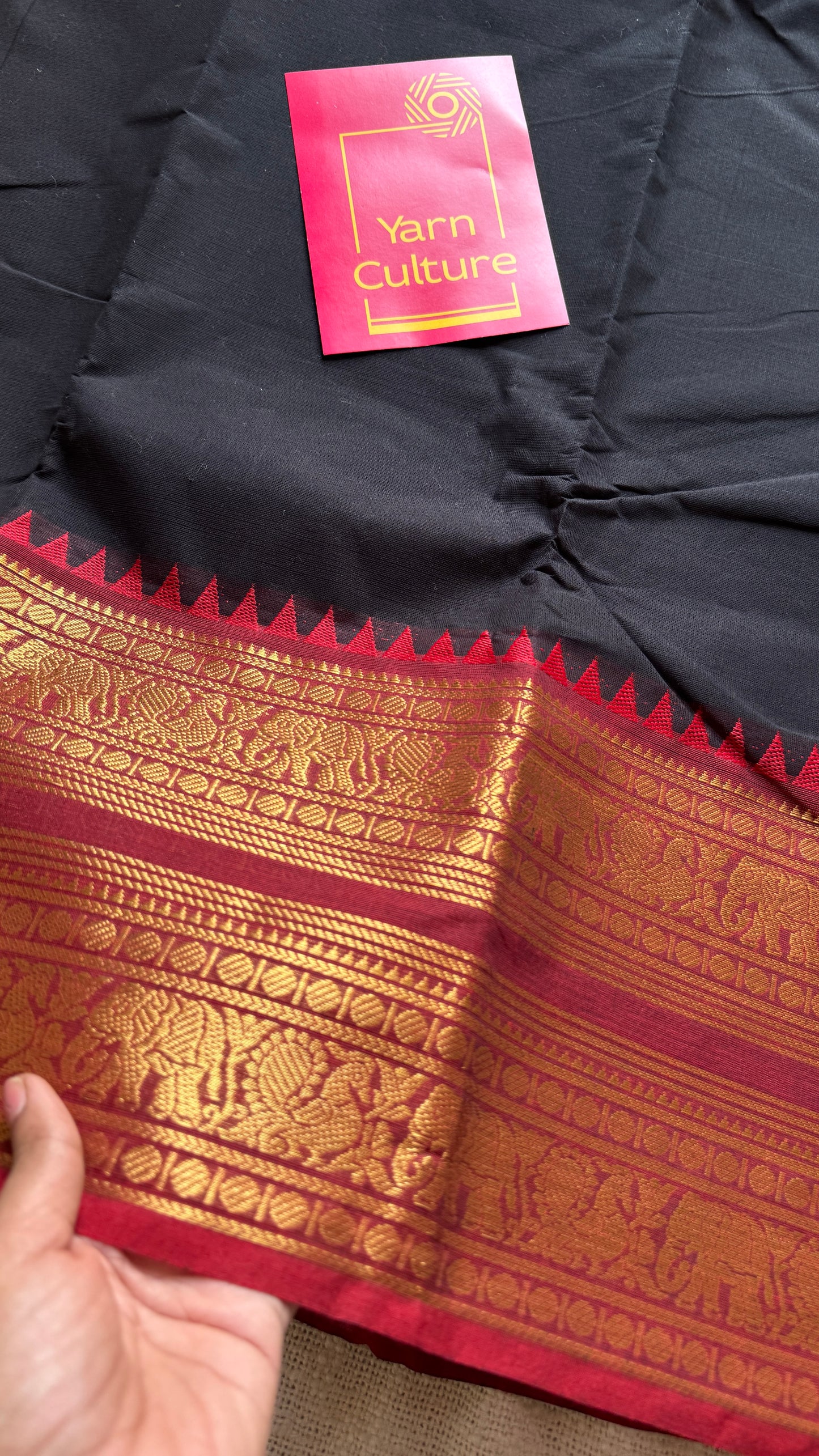 Deep Black with Maroon Contrast - Chettinad Cotton