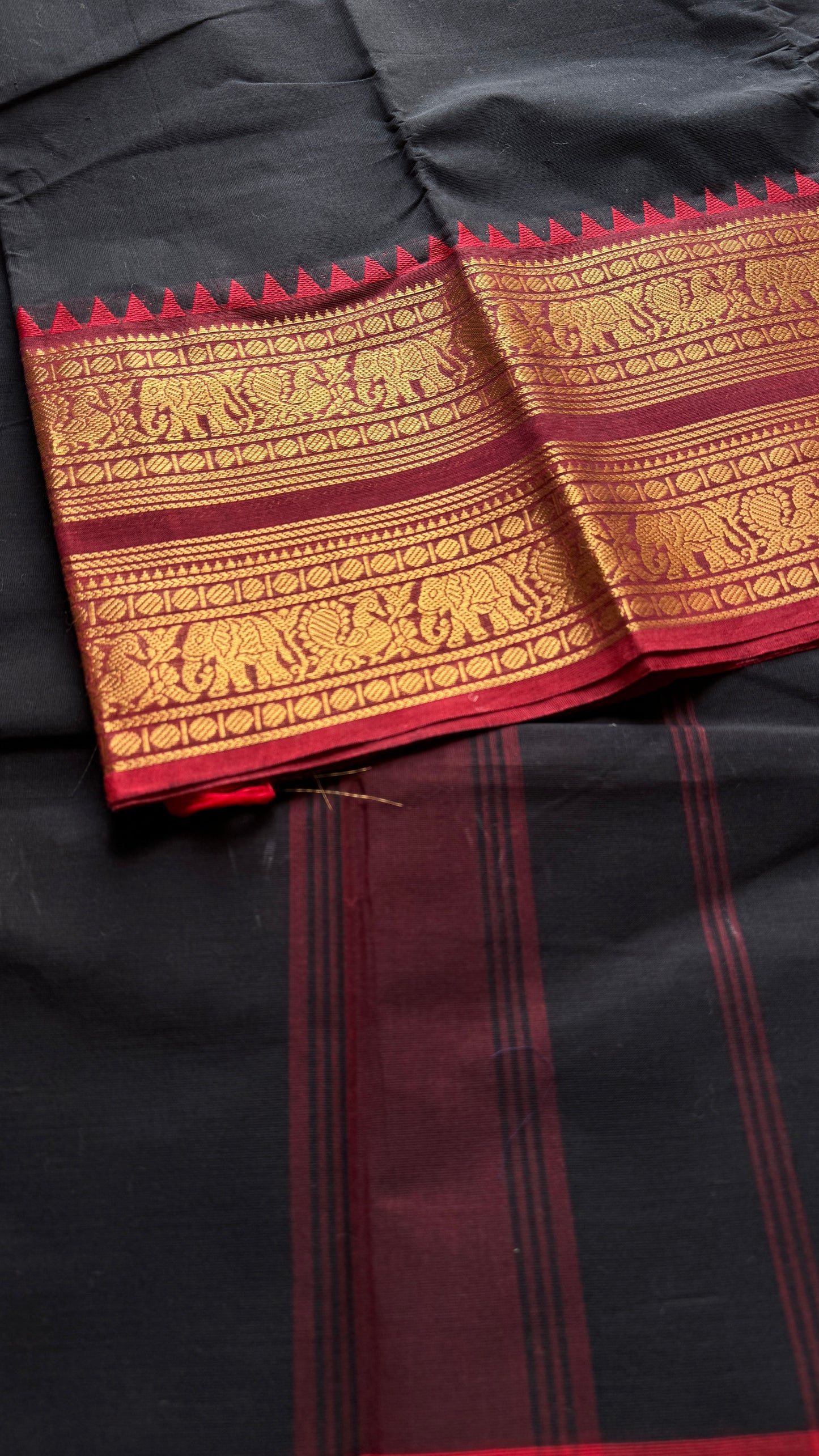 Deep Black with Maroon Contrast - Chettinad Cotton