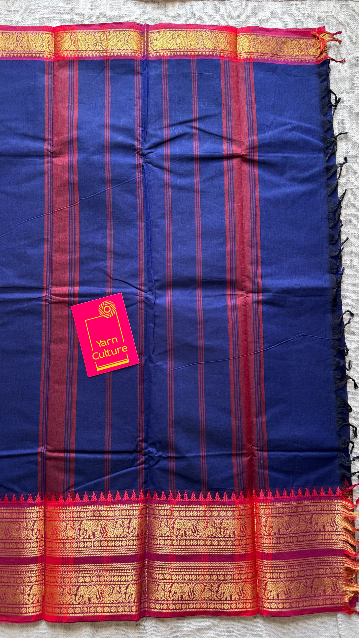 Navy Blue with Purple Pink Contrast Border - Chettinad Cotton