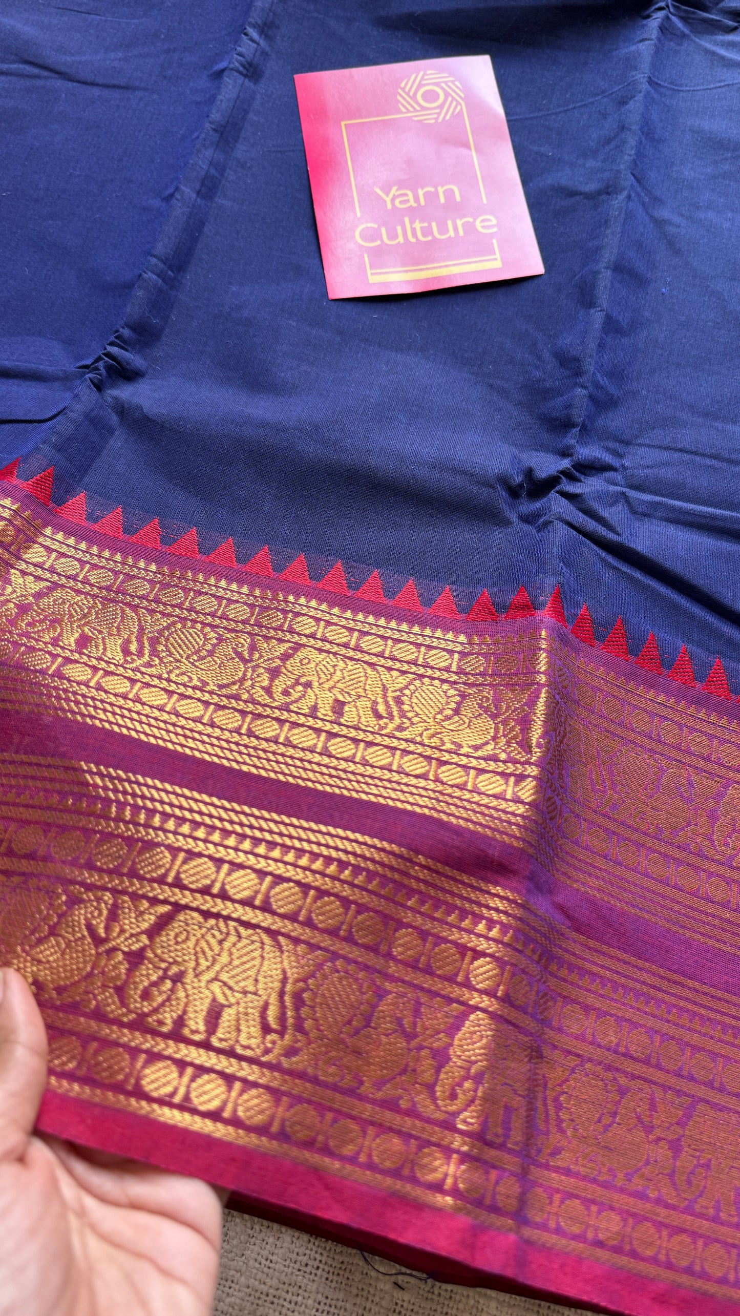 Navy Blue with Purple Pink Contrast Border - Chettinad Cotton