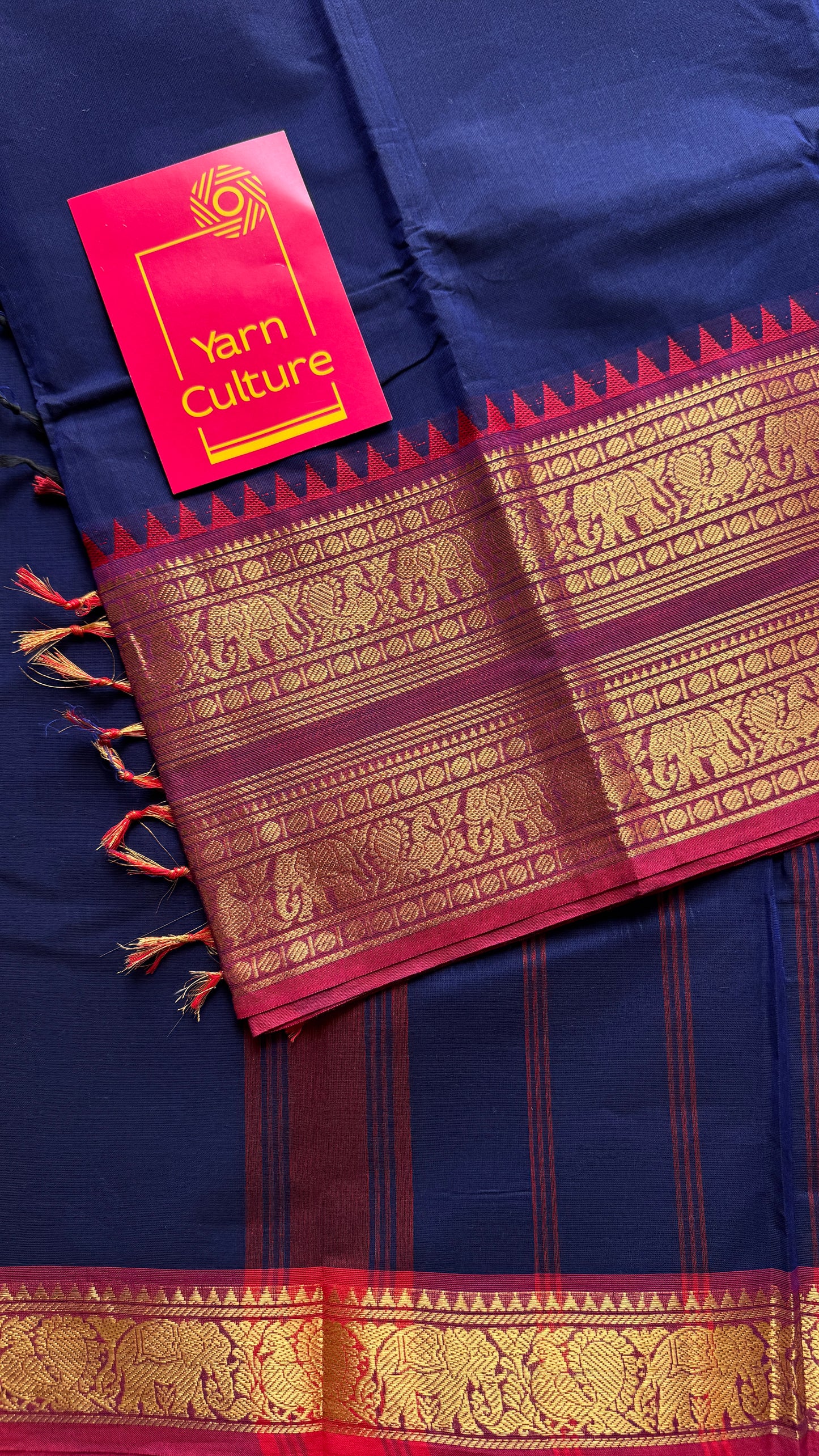 Navy Blue with Purple Pink Contrast Border - Chettinad Cotton