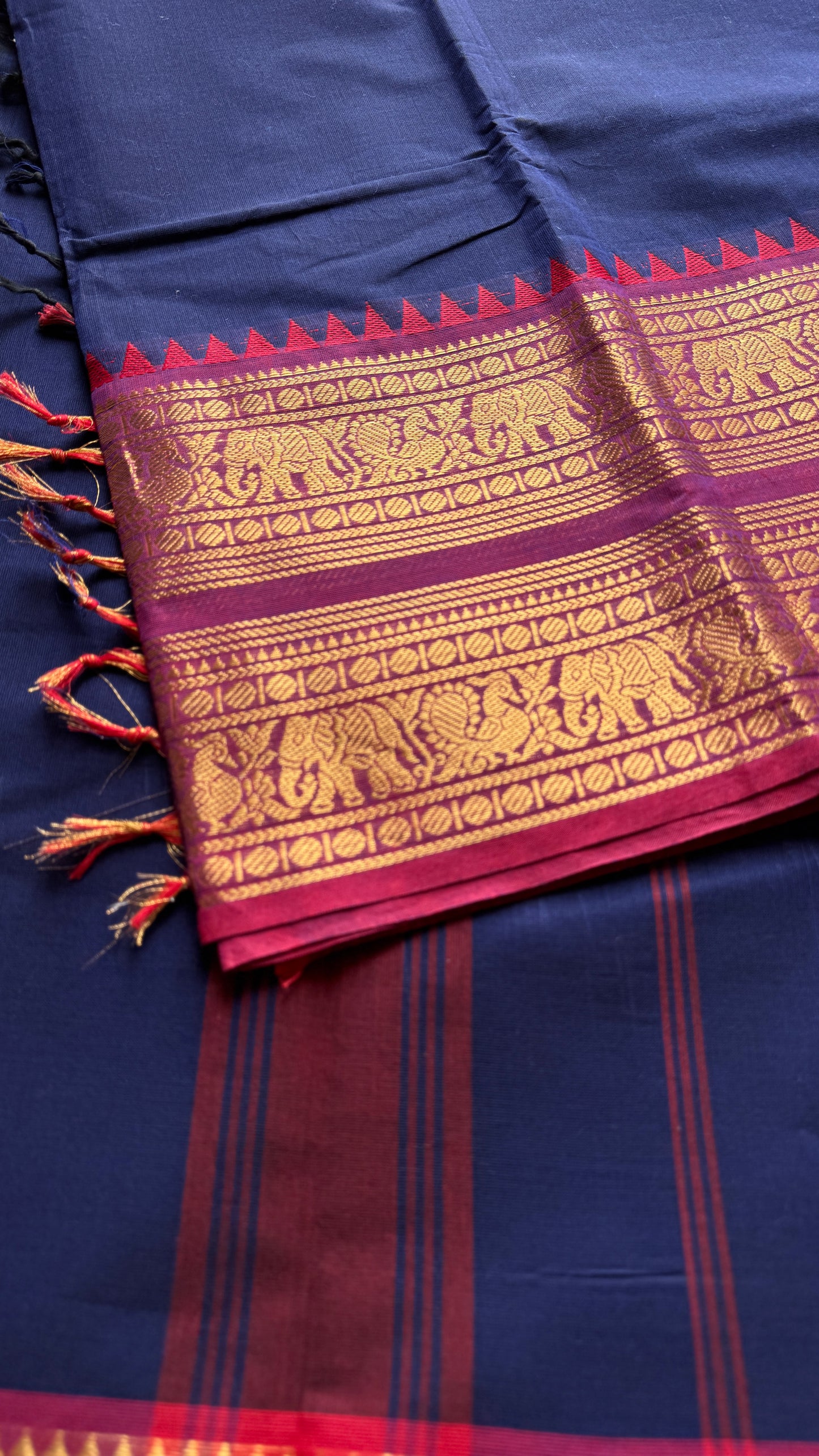 Navy Blue with Purple Pink Contrast Border - Chettinad Cotton