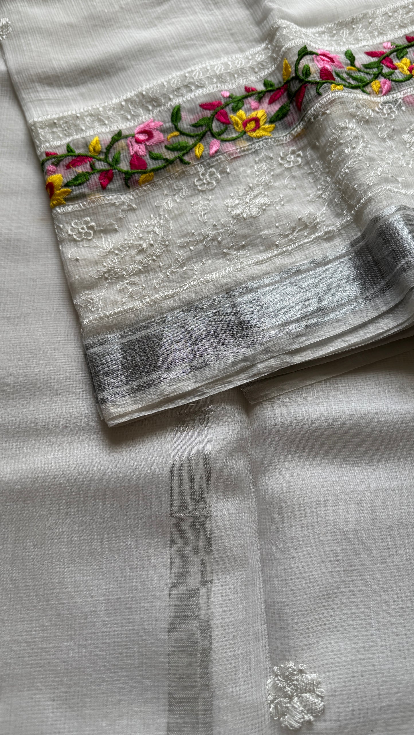 Nivrita - White with Floral and Thread Embroidery, Kota Doria - YCTORKE01