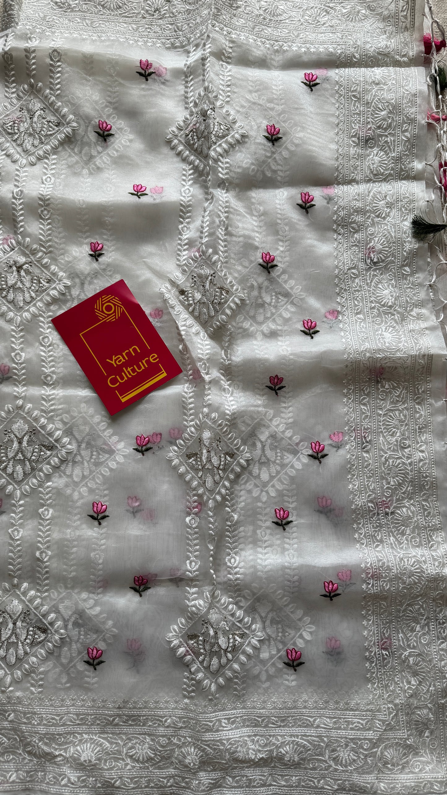 Lotus Mist - Pure White with Embroidery, Silk Organza