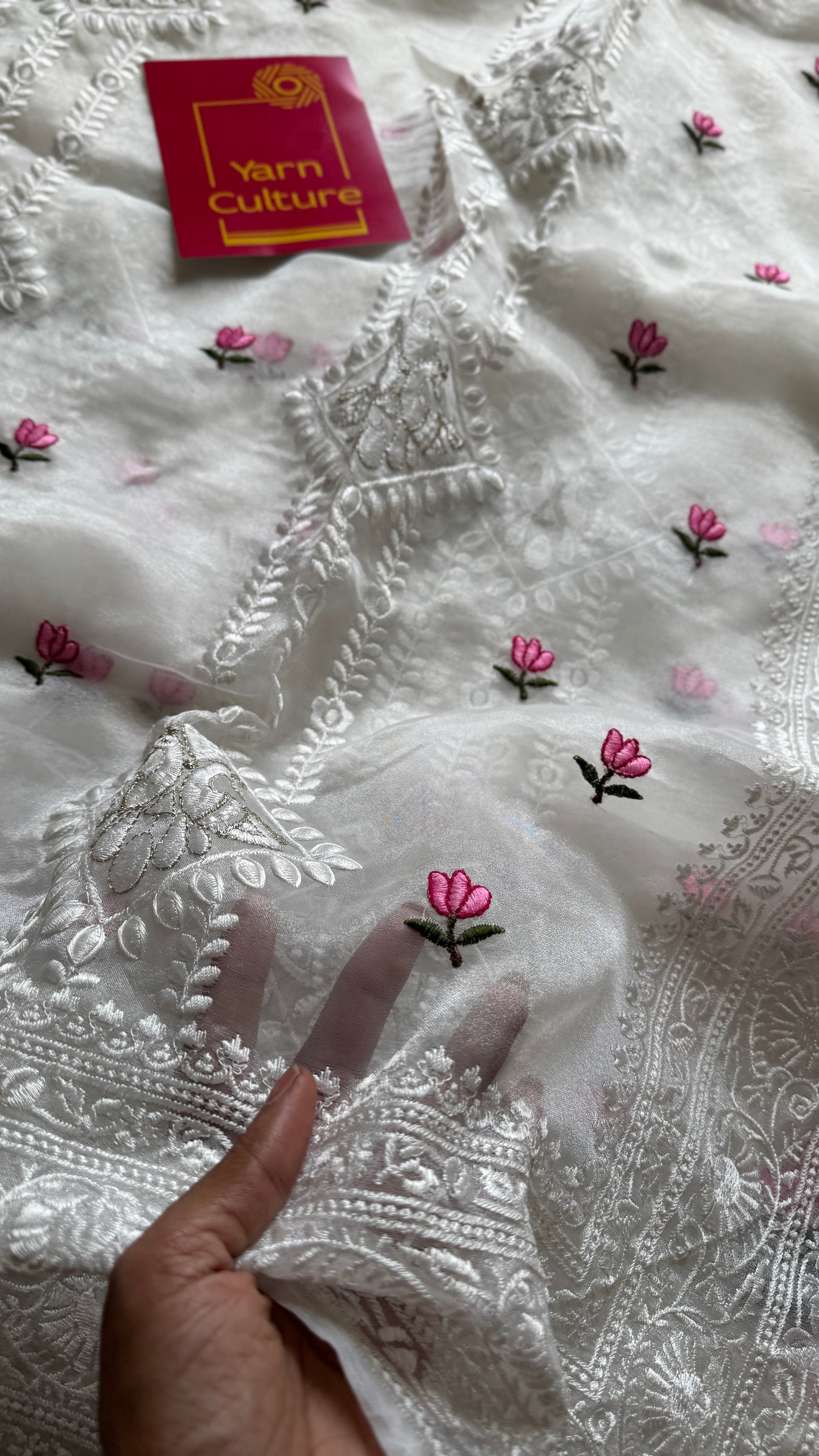 Lotus Mist - Pure White with Embroidery, Silk Organza