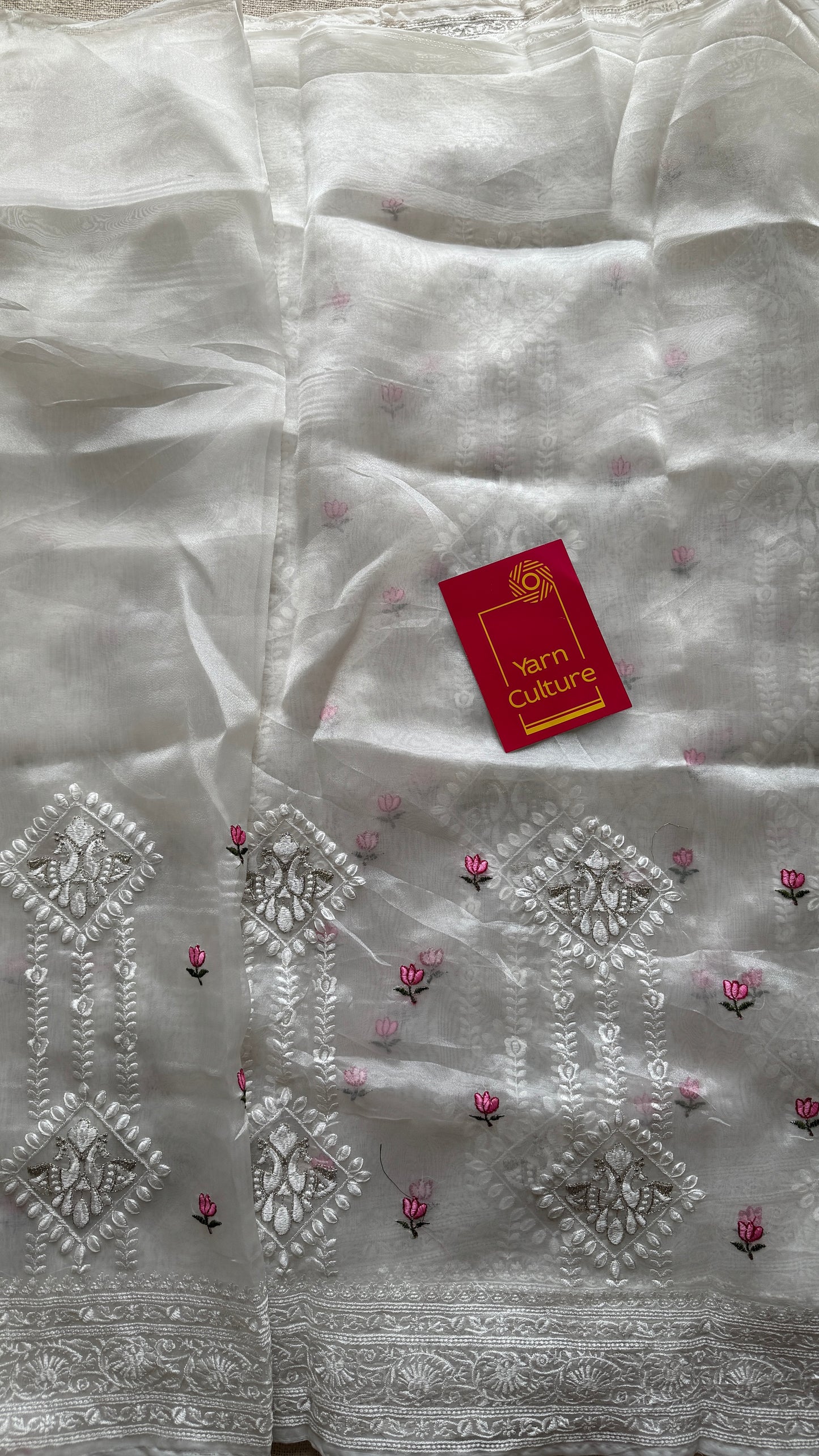 Lotus Mist - Pure White with Embroidery, Silk Organza