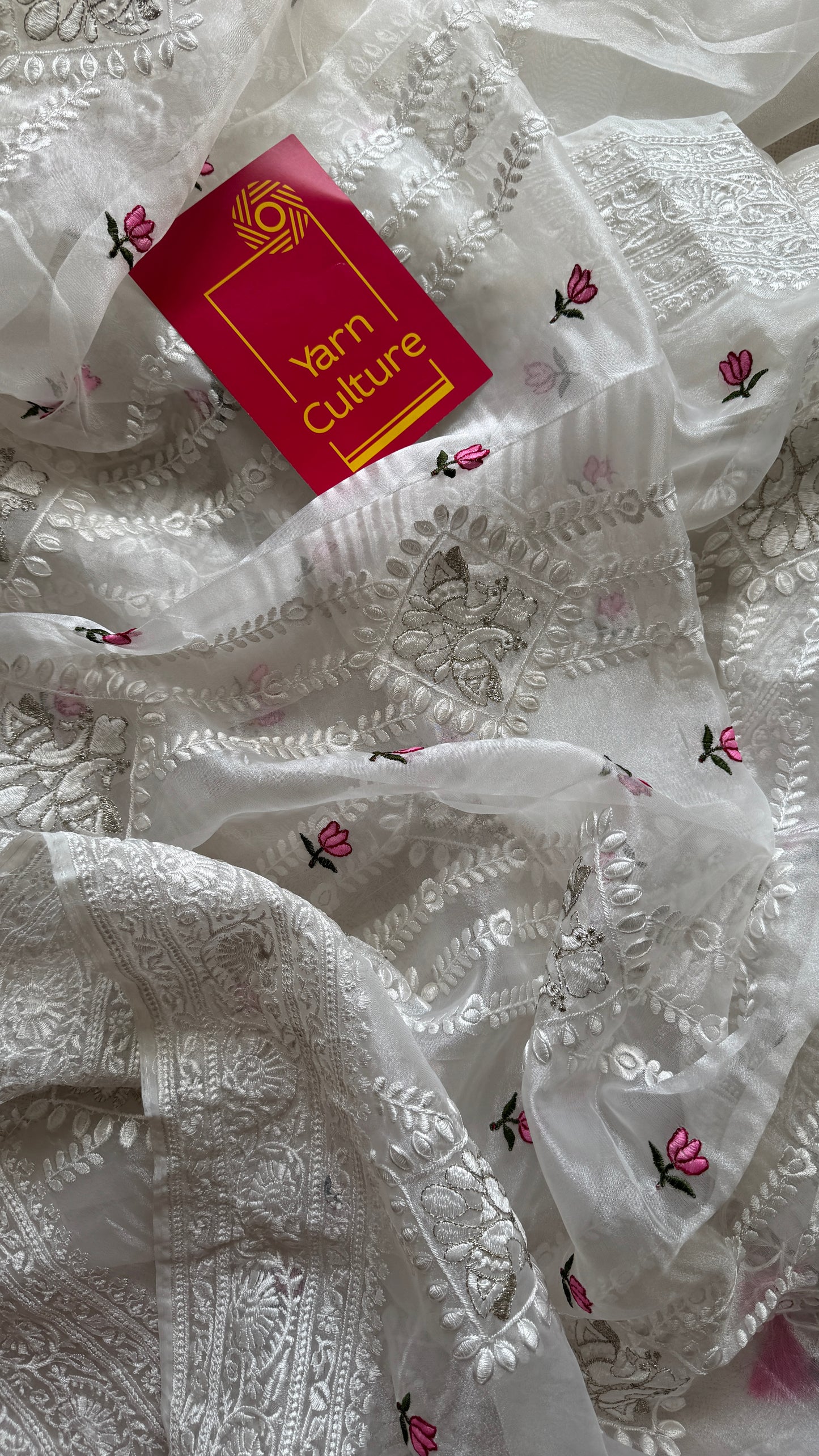 Lotus Mist - Pure White with Embroidery, Silk Organza