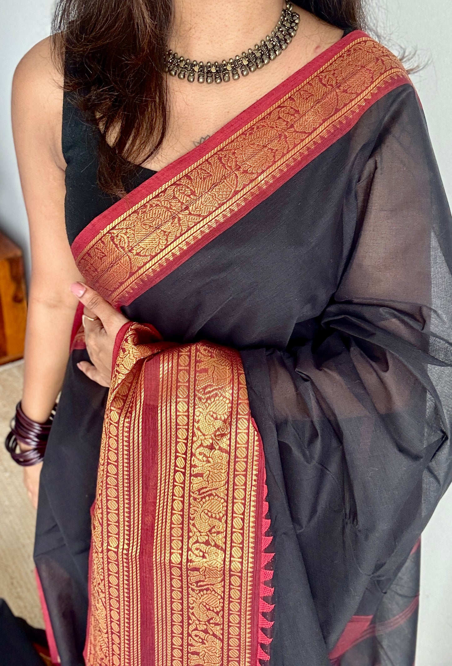 Deep Black with Maroon Contrast - Chettinad Cotton