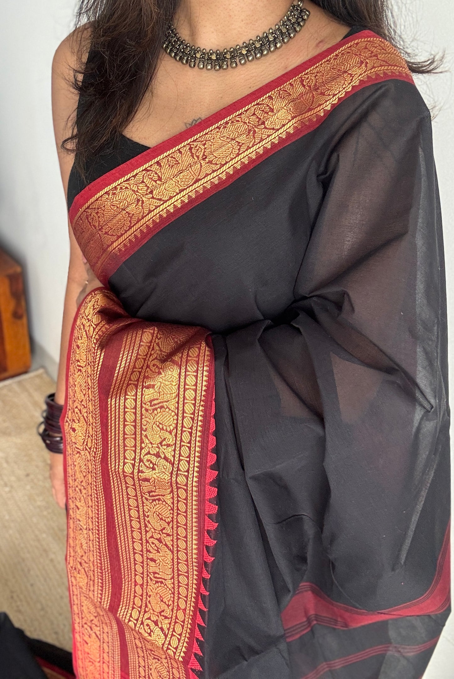 Deep Black with Maroon Contrast - Chettinad Cotton