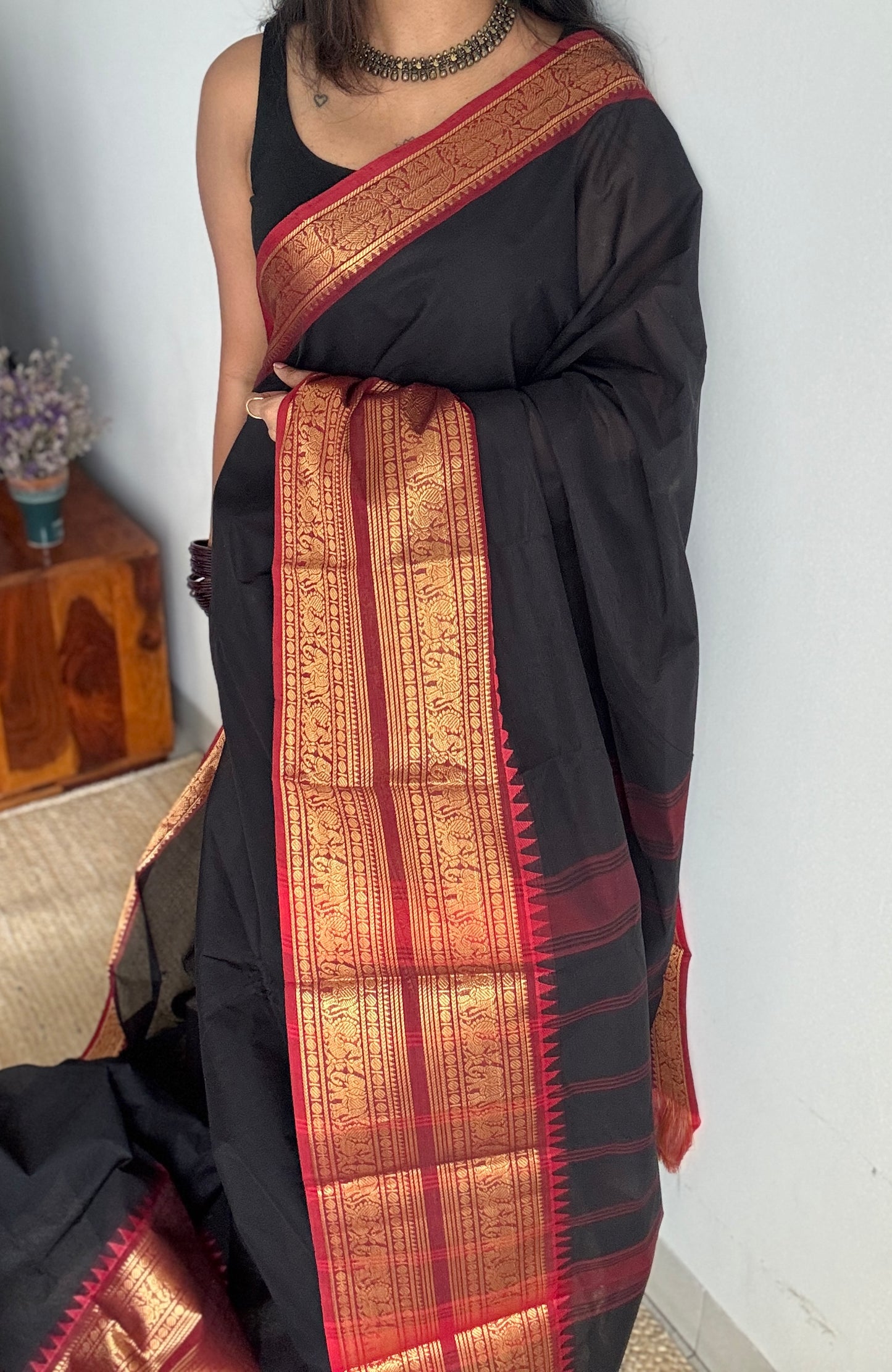 Deep Black with Maroon Contrast - Chettinad Cotton