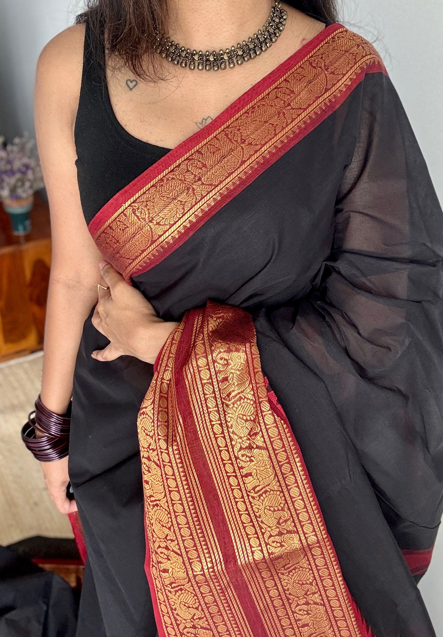 Deep Black with Maroon Contrast - Chettinad Cotton