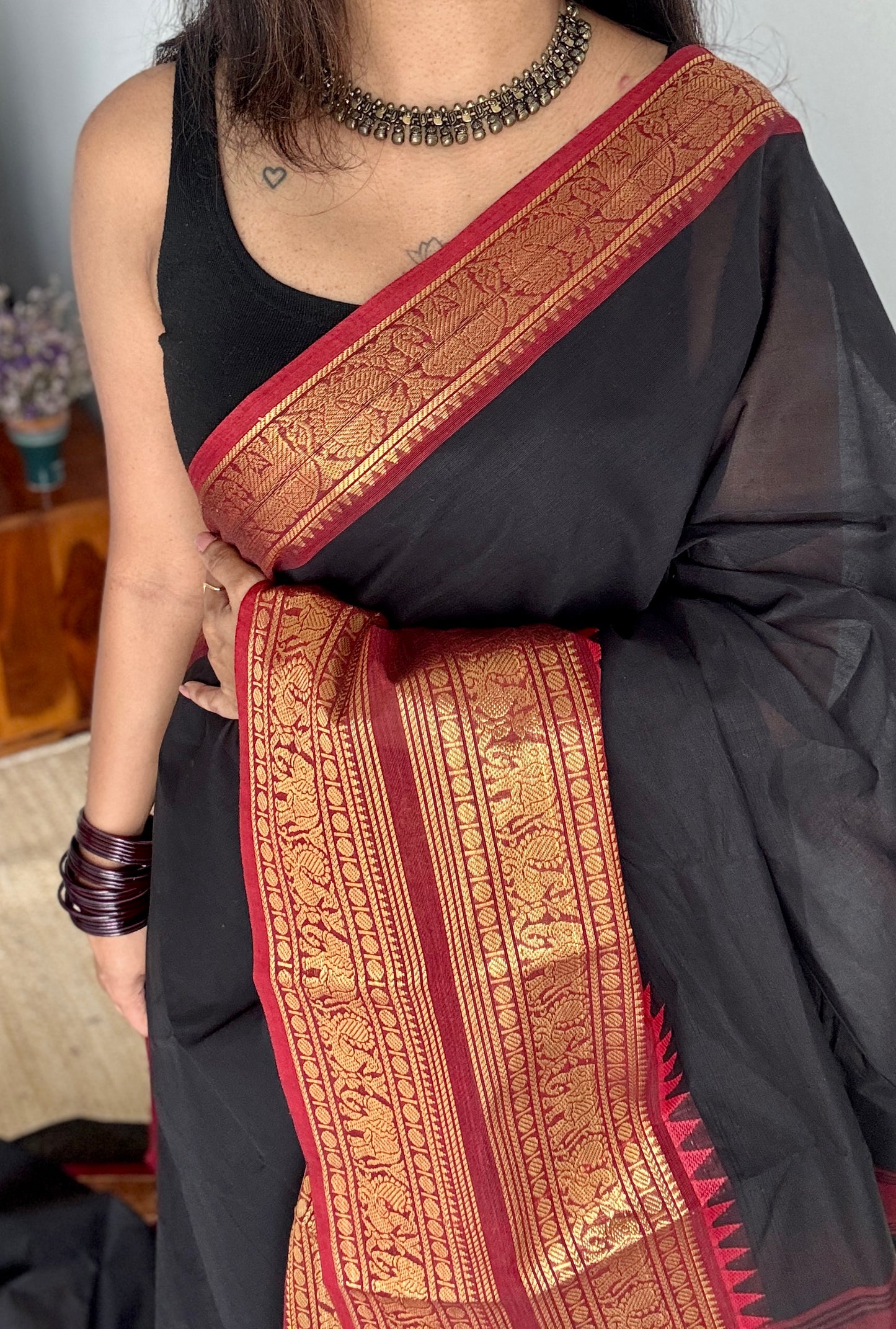Deep Black with Maroon Contrast - Chettinad Cotton