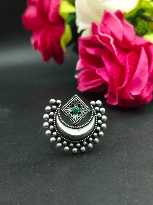 Adjustable ring, half moon ring, green stone - YCOSFR603
