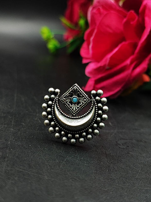 Adjustable ring, half moon ring, aqua stone - YCOSFR605