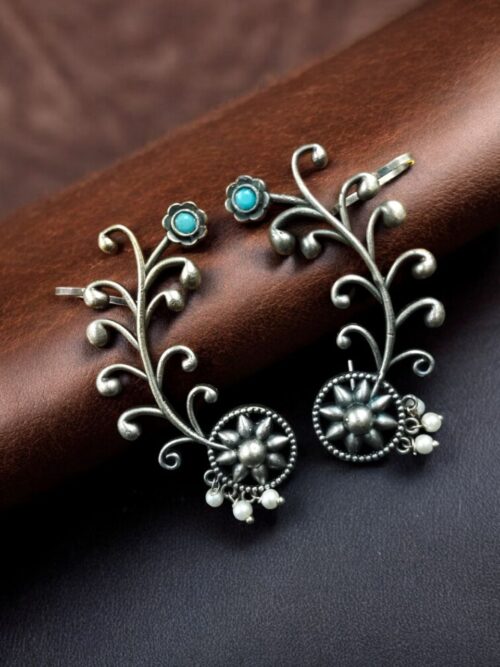 Oxidised silver, floral patterned earcuff, aqua stone - YCOSEC577