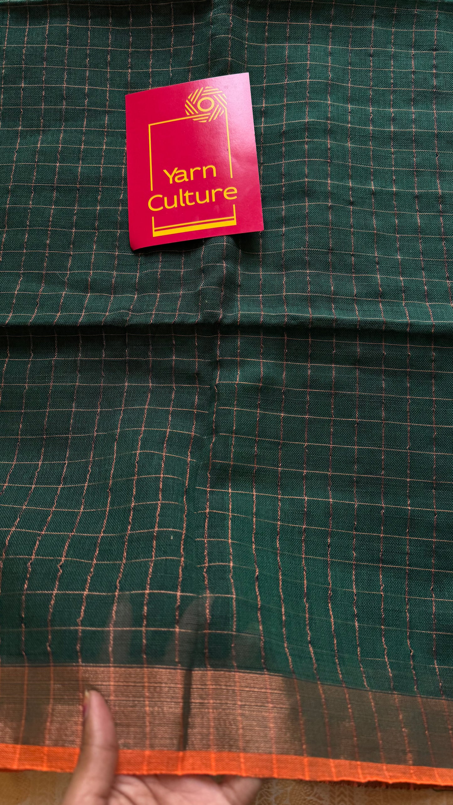 Green linen by cotton saree, gold checks & copper zari pallu - YCBCLCAP56b