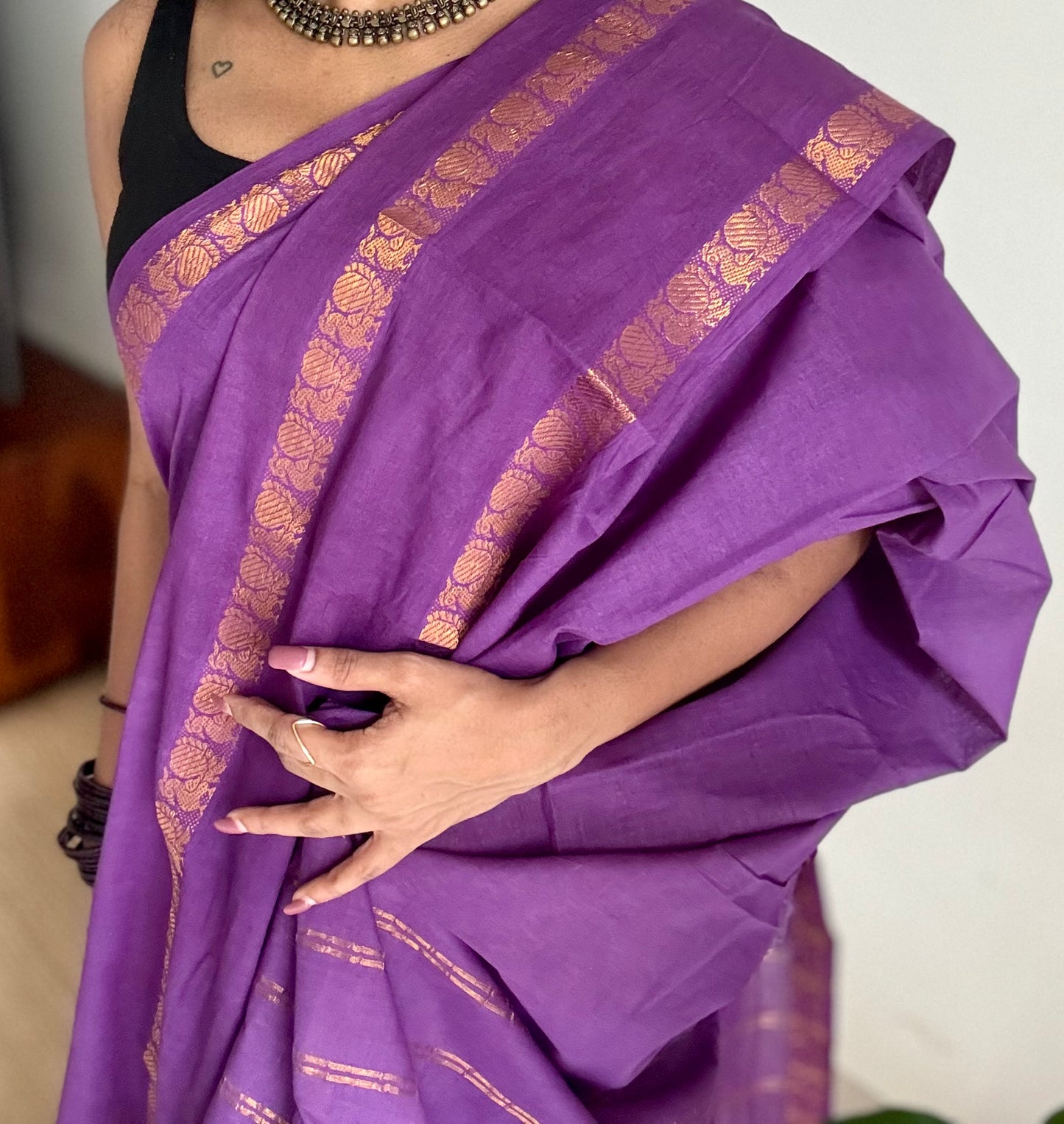 Purple rettaipettu peacock gap border, kattuchayam dyed madurai cotton saree  - YCCOTNMSJUL03