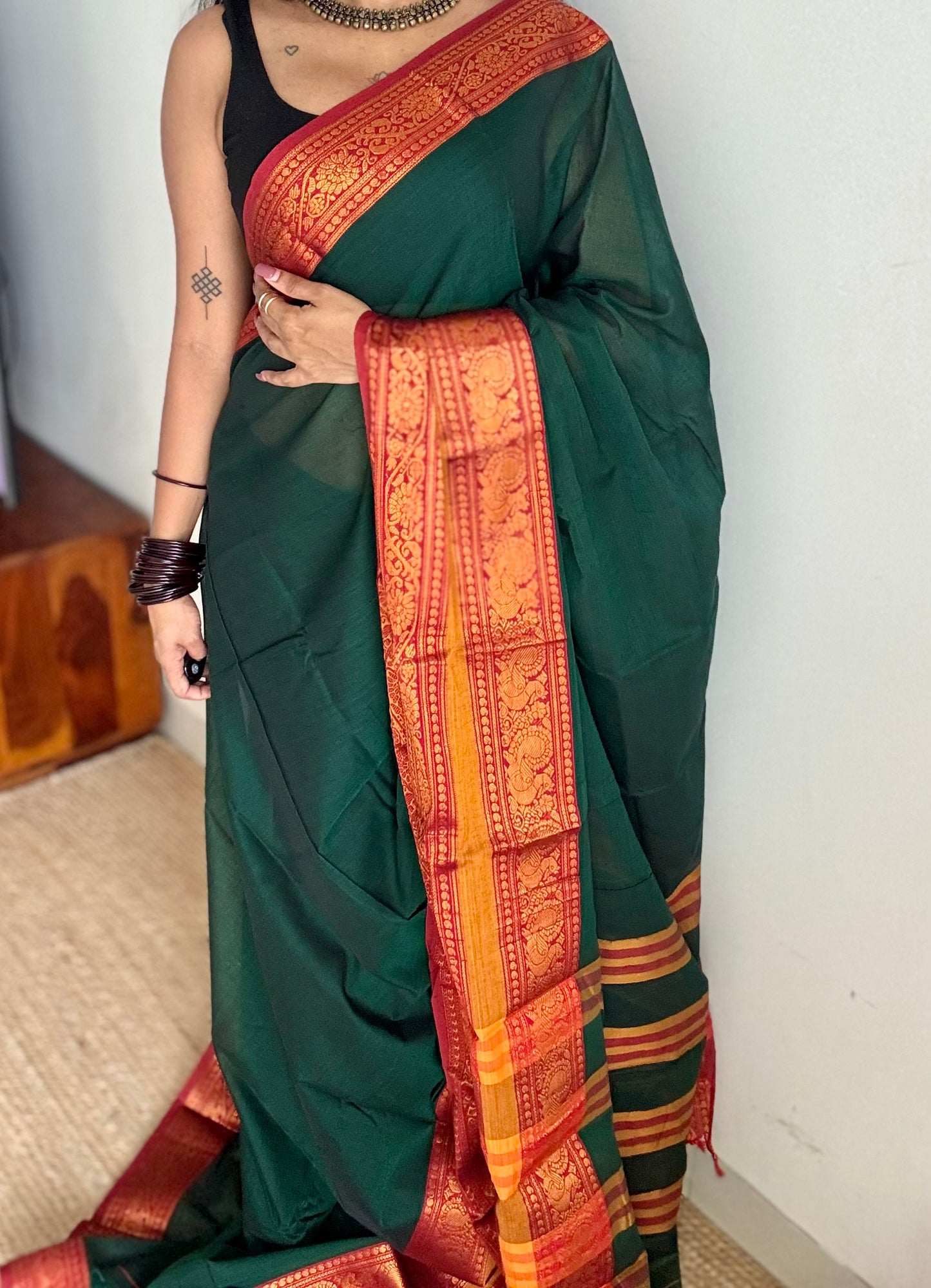 Green with red wide border, narayanpet soft cotton saree - YCWOTDAUG01