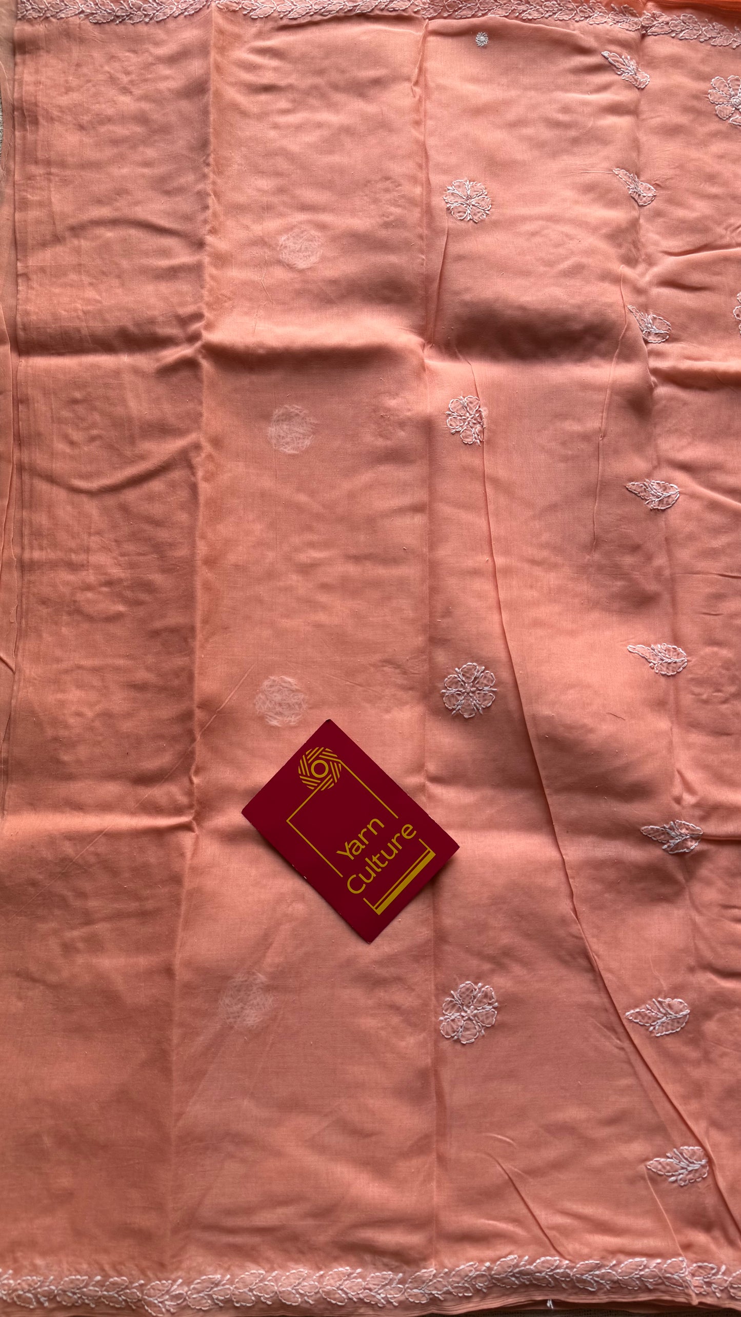 Sukun - musk, light peach hand-embroidered chikankari cotton saree - YCLCKFE425