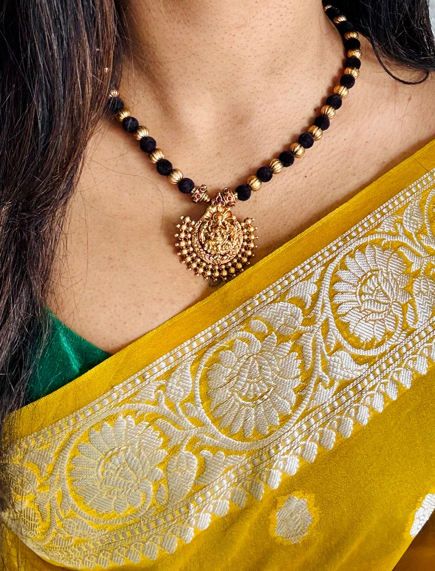 Black with gold beads, temple pendant in antique gold finish neckpiece - YCGPNP645