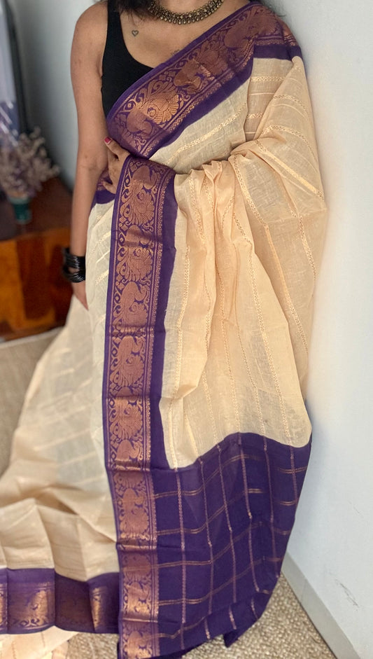 Cream with purple, peacock motif border - madurai kattuchayam dyed - YCCOTNAUS20