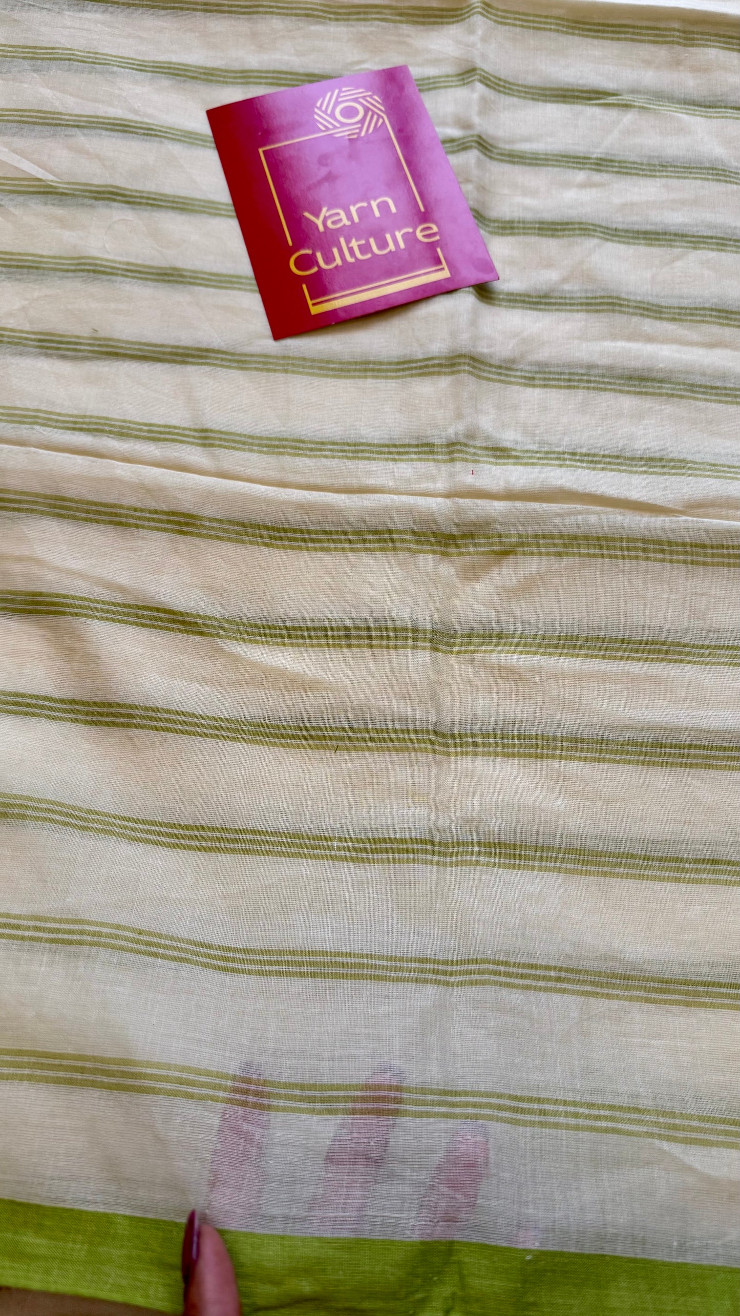 Ivory mul saree, green stripes - YCIEON23