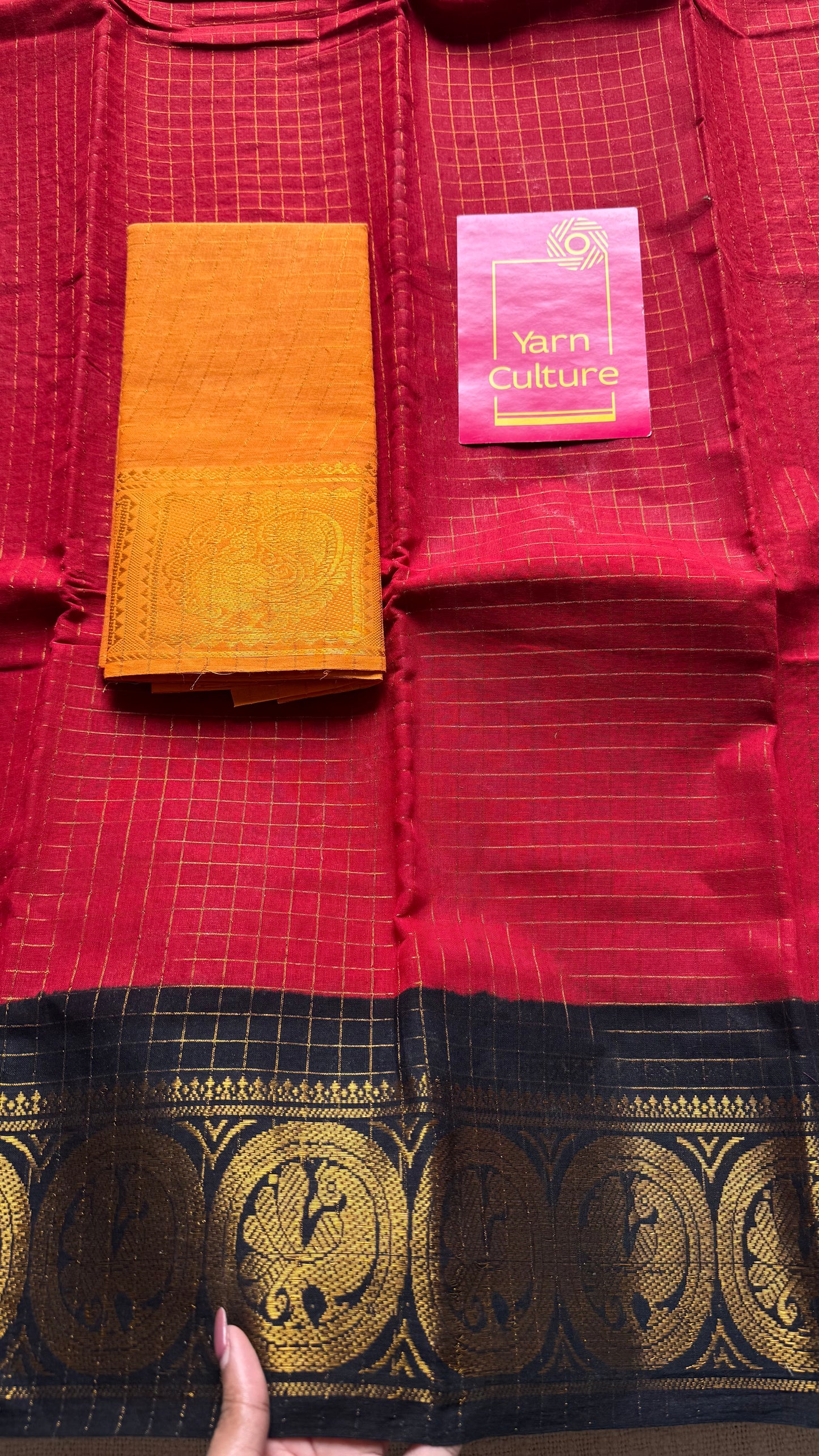 Sungudi cotton checks, red base, yellow and black dual tone border, soft cotton - YCCOTNMSJUL10