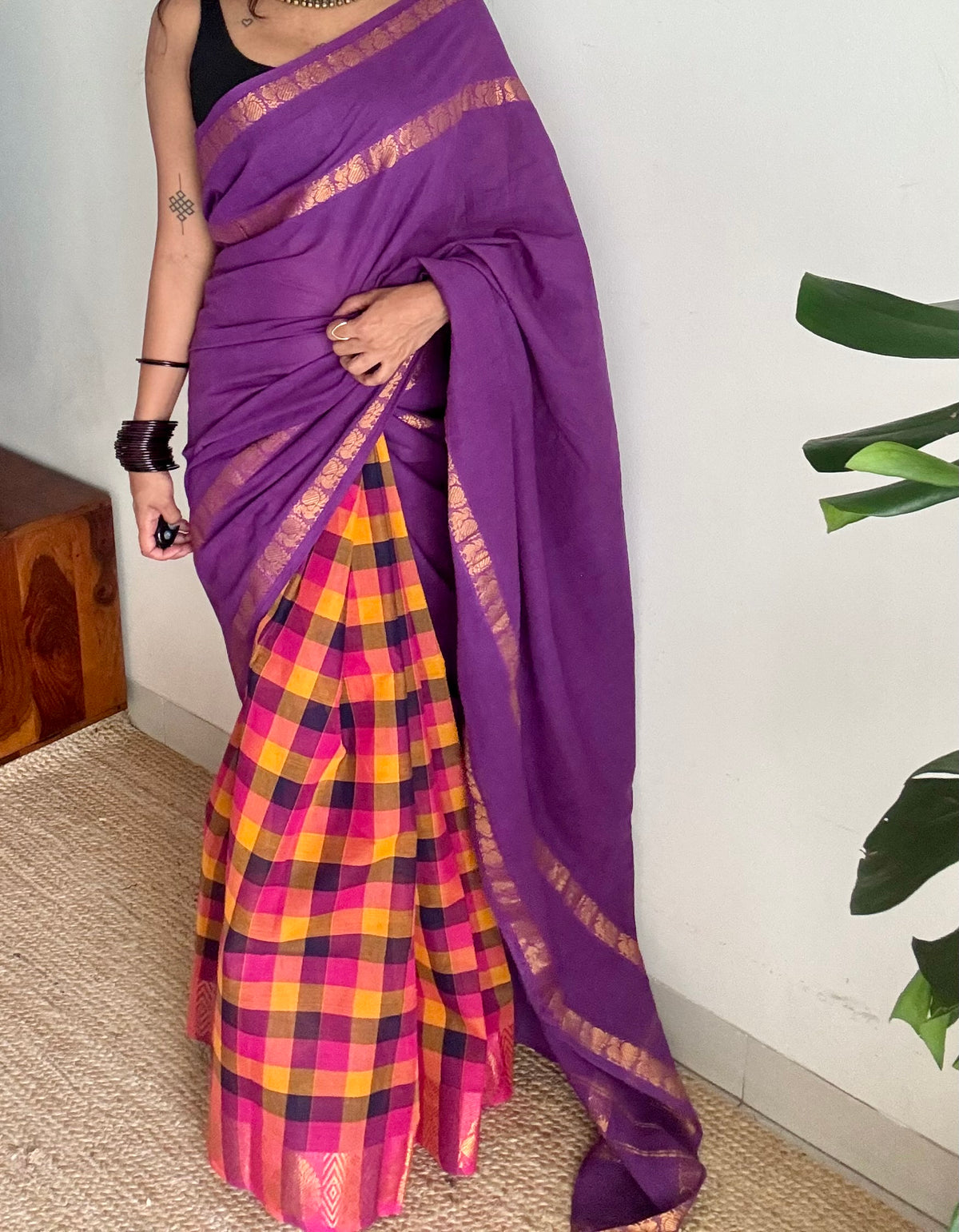 Purple with multicolour checks, sungudi and chettinad cotton half-half saree - YCCOTNIDOC34