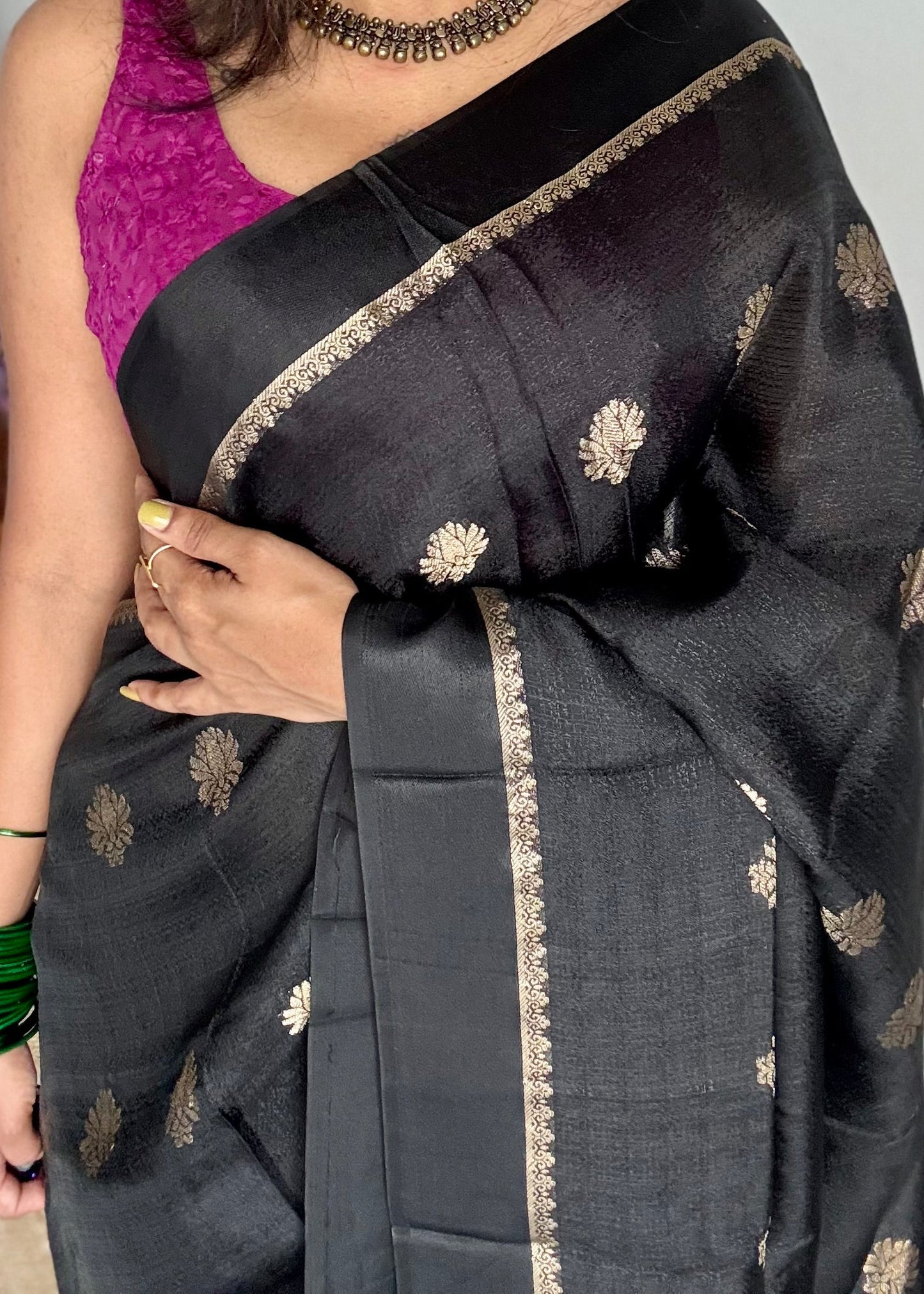 soft silk saree with satin border and jacquard zari motifs, lightweight farewell and partywear saree with elegant drape, flowy saree