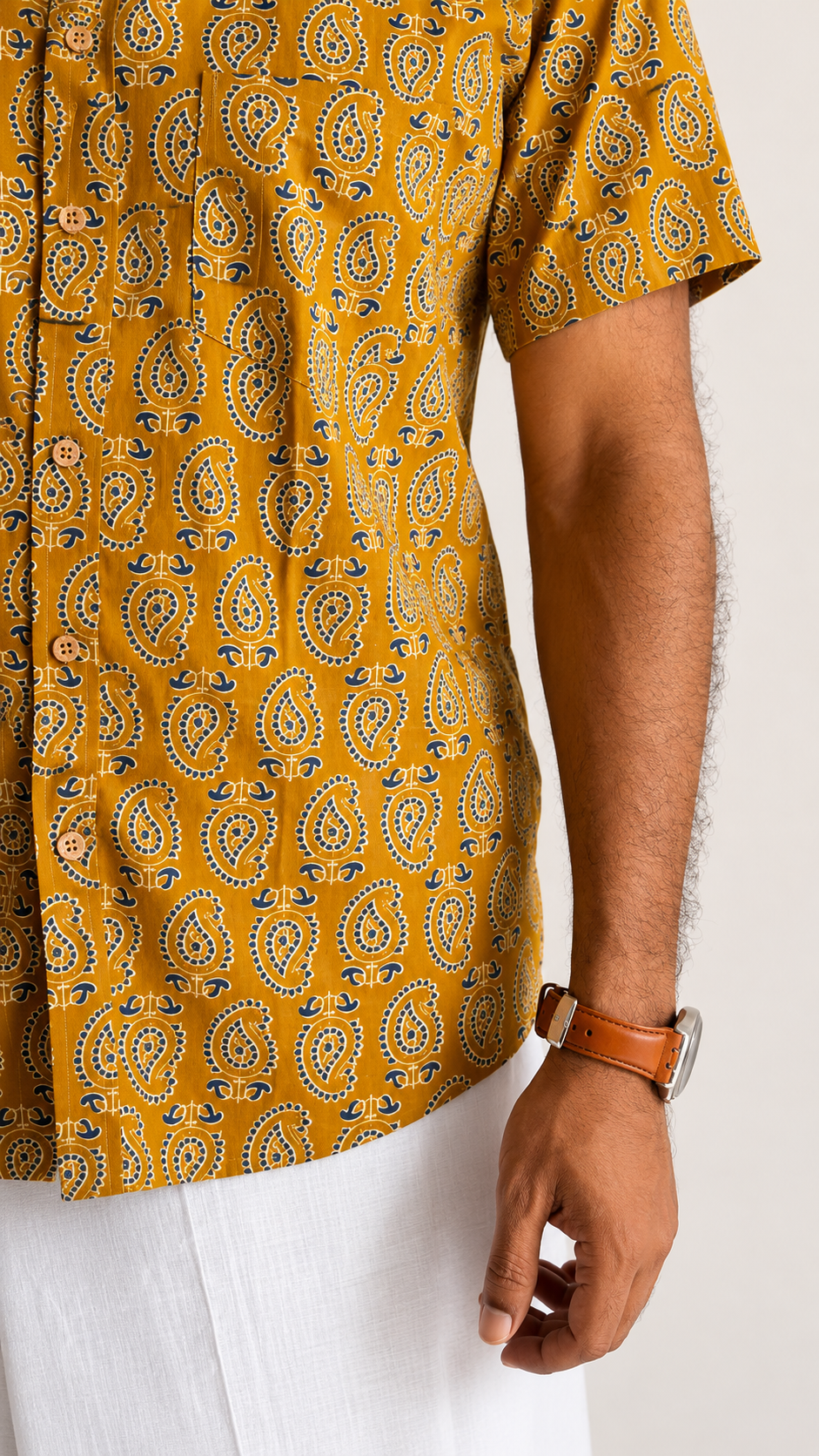 Rust Orange & Blue Motif Block Printed Cotton Men's Half Sleeve Mandarin Collar Kurta Shirt - YCMSEIE192