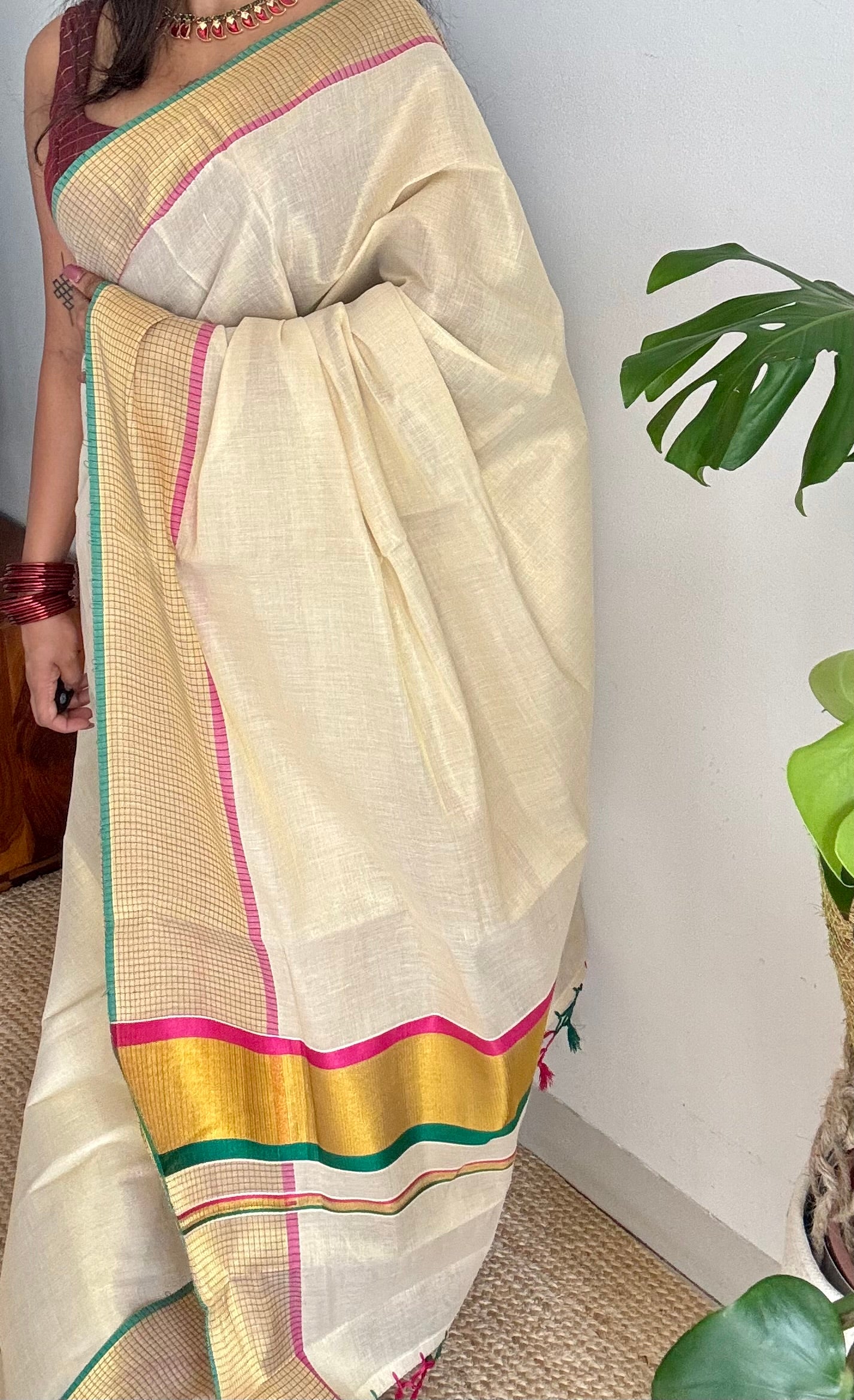 Ivory and gold soft tissue cotton saree, pink and green, checkered border - YCIEON77