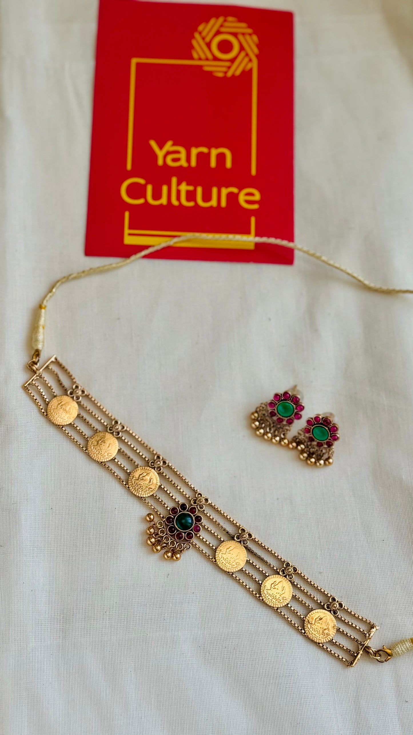 Palakka coin 5 layer choker, with earrings - YCGPNP781