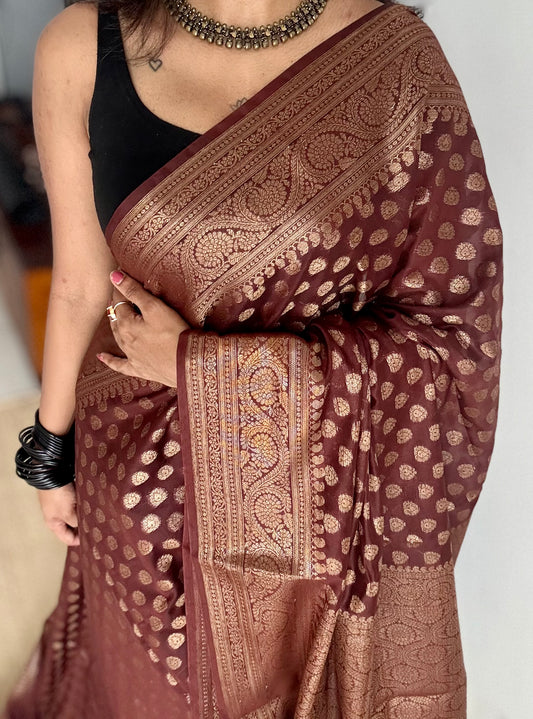 Mocha -  Dark brown, antique gold zari, Banarasi semi georgette - YCBLFEGAGZ15
