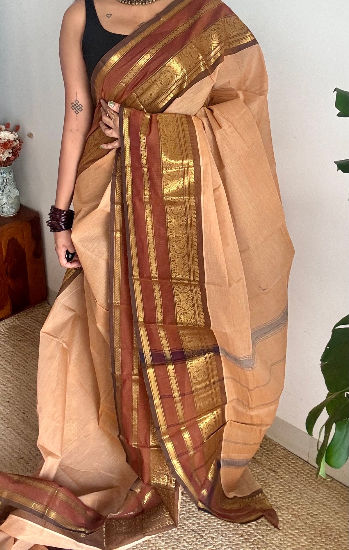 Sandal with brown gap zari border, chettinad cotton saree - YCCOTNCCOC120