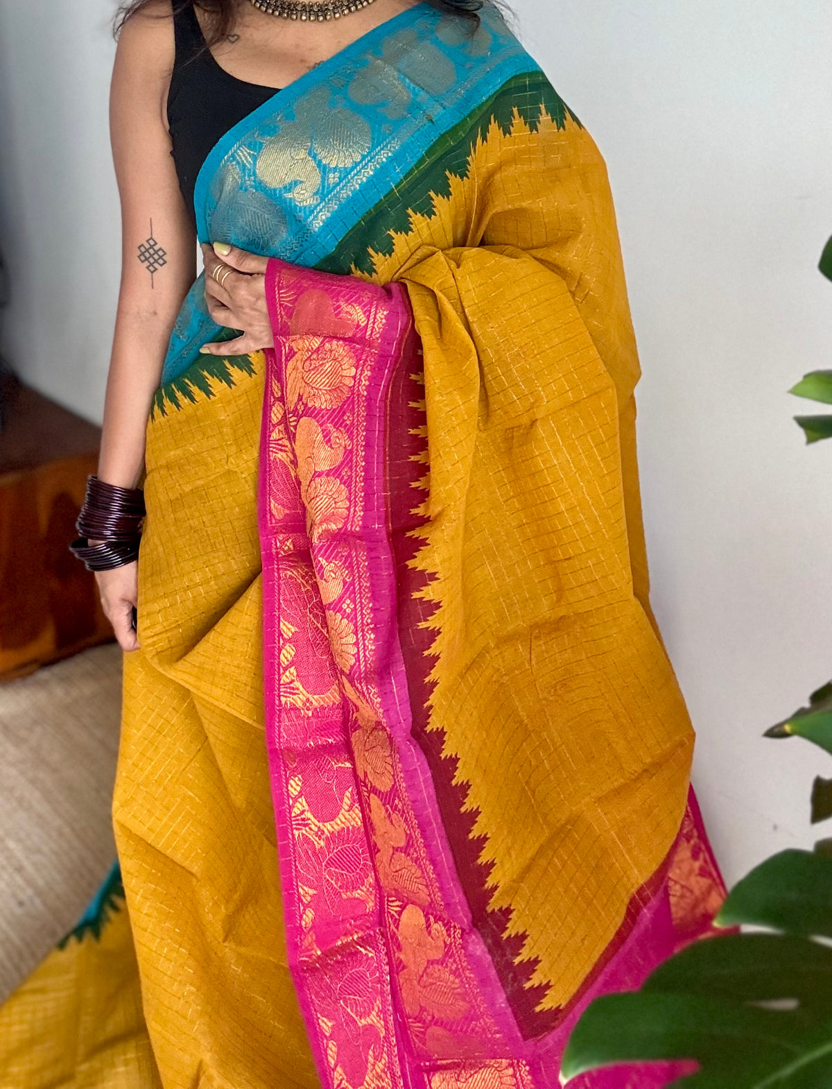 Sungudi cotton checks, mustard yellow base, blue and hot pink dual tone border, soft cotton - YCCOTNMSSE09