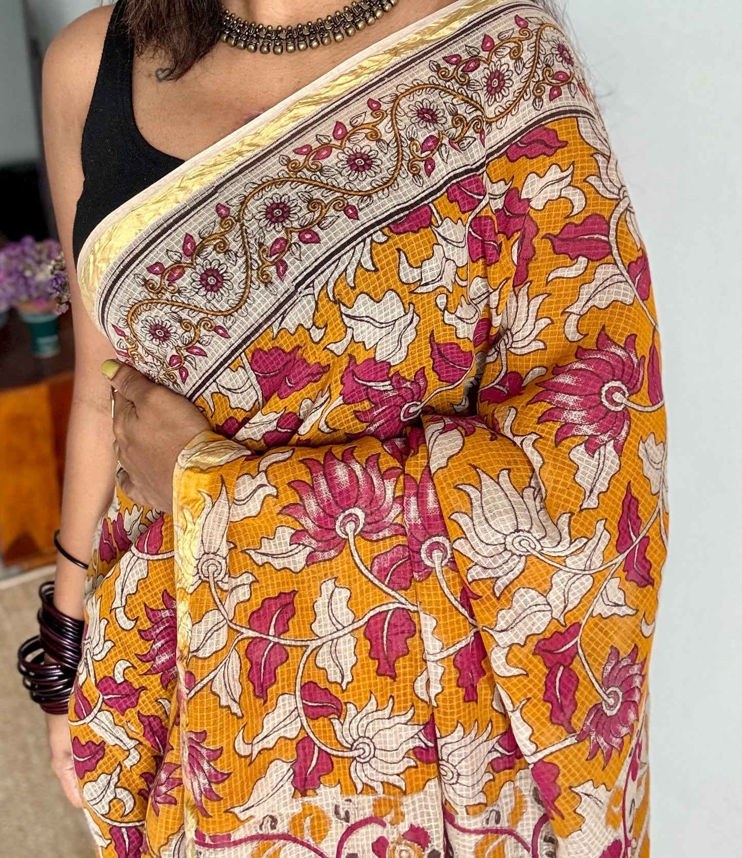 Orange pink kalamkari saree in kota, with zari border - YCWOTDKKFE14