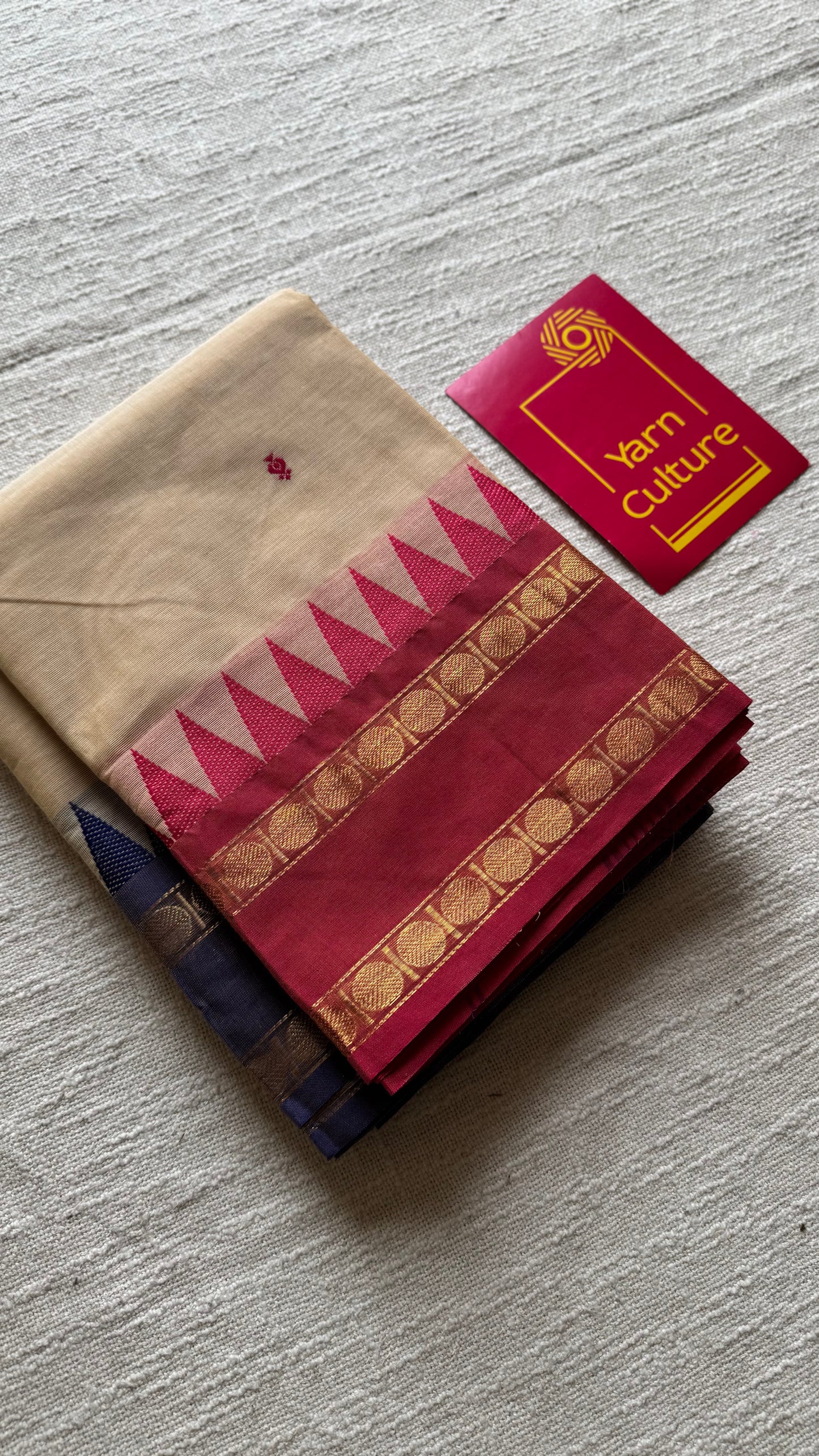 Kanchi cotton saree, cream with light red and violet dual border - YCCOTNAP99