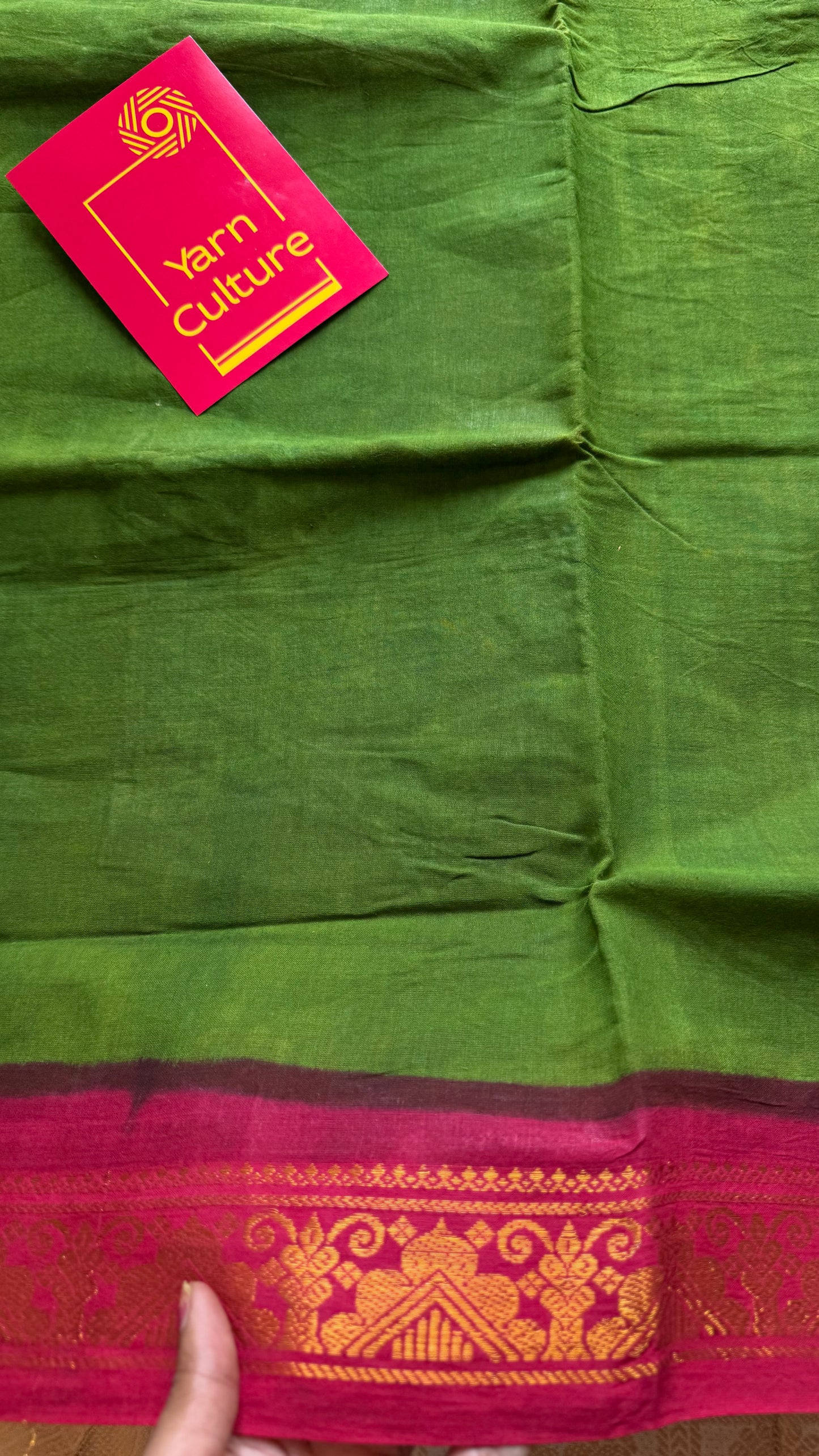Green with chilli red contrast, kattuchayam dyed madurai cotton saree - YCCOTNMA240