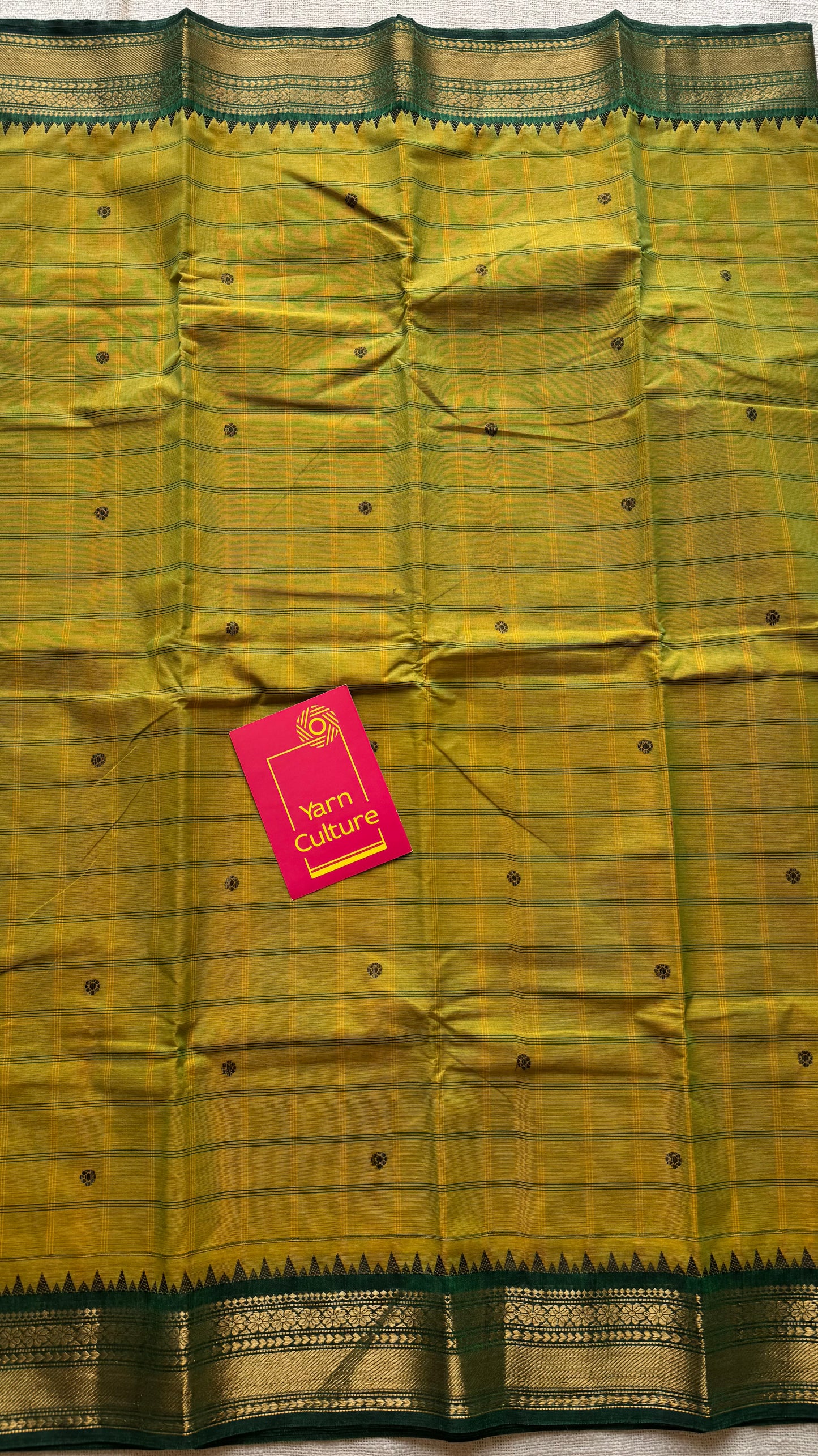 Light green Kanchi cotton saree with striped checks, woven buttas and dark green zari border - YCCOTNCCFE160